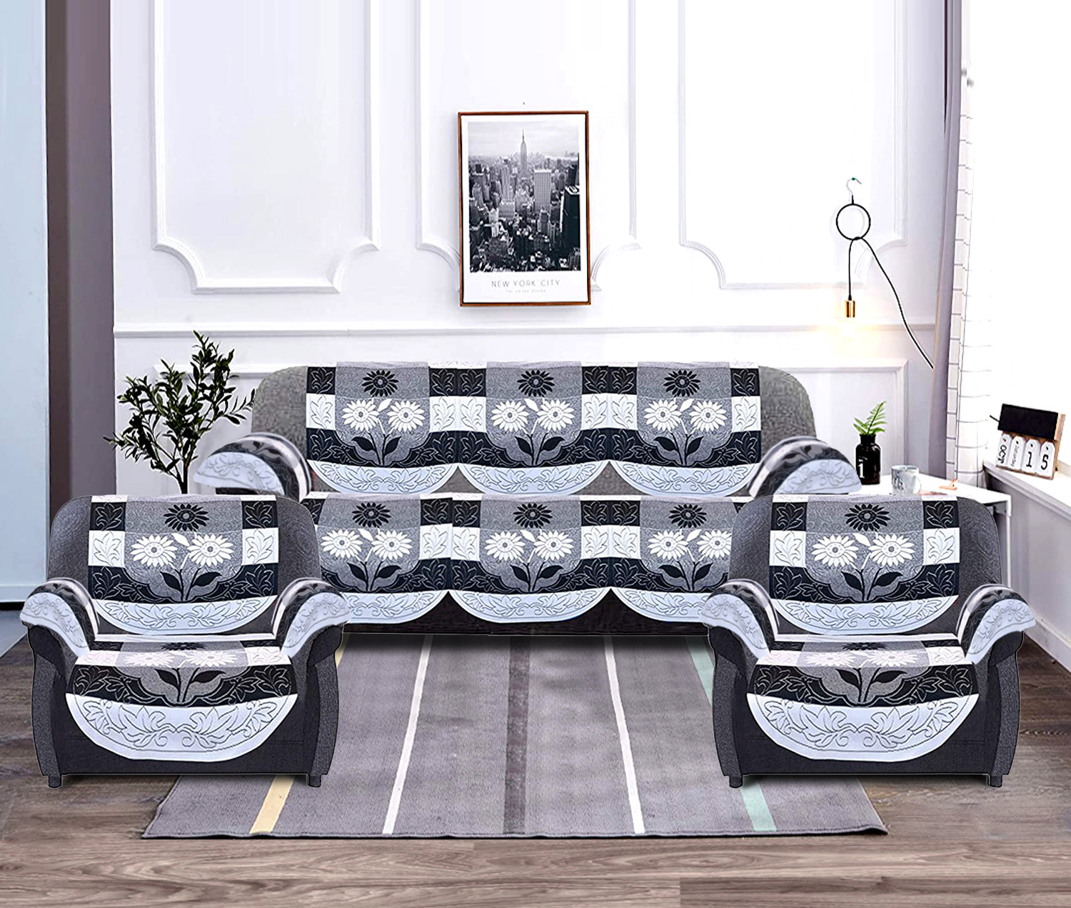 Kuber Industries Flower Design Cotton 5 Seater Sofa Cover With 6 Pieces Arms cover Use Both Side, Living Room, Drawing Room, Bedroom, Guest Room (Set Of16, Black)-KUBMRT11961