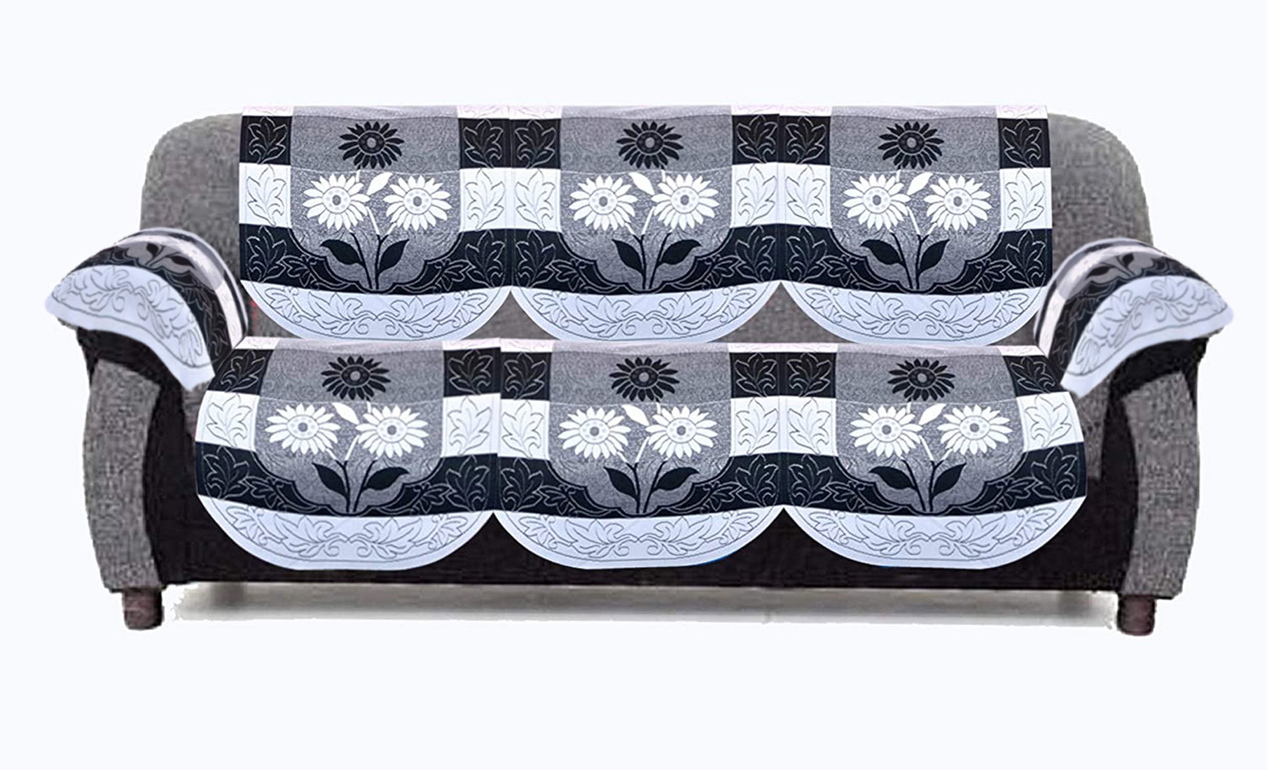 Kuber Industries Flower Design Cotton 5 Seater Sofa Cover With 6 Pieces Arms cover Use Both Side, Living Room, Drawing Room, Bedroom, Guest Room (Set Of16, Black)-KUBMRT11961