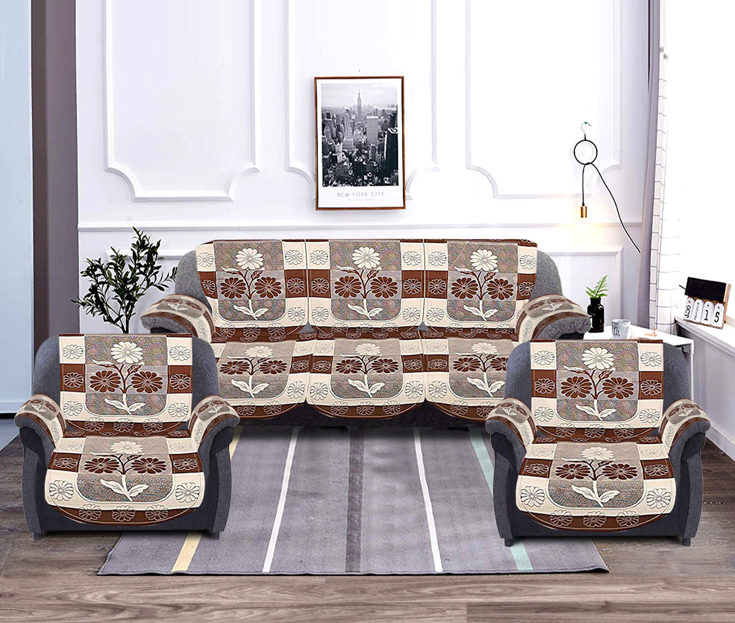 Kuber Industries Flower Design Cotton 5 Seater Sofa Cover With 6 Pieces Arms cover Use Both Side, Living Room, Drawing Room, Bedroom, Guest Room (Set Of16, Brown)-KUBMRT11963