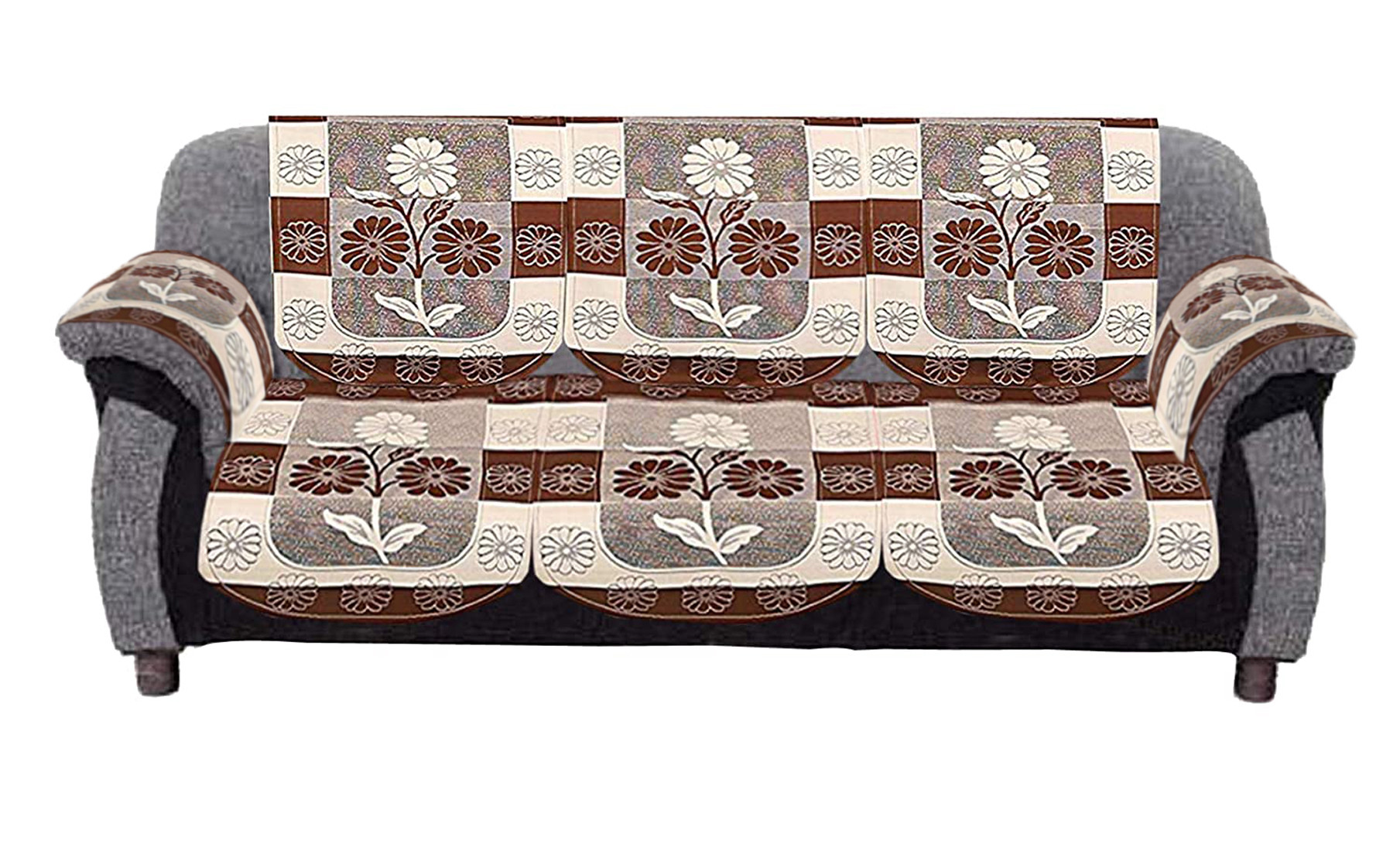 Kuber Industries Flower Design Cotton 5 Seater Sofa Cover With 6 Pieces Arms cover Use Both Side, Living Room, Drawing Room, Bedroom, Guest Room (Set Of16, Brown)-KUBMRT11963