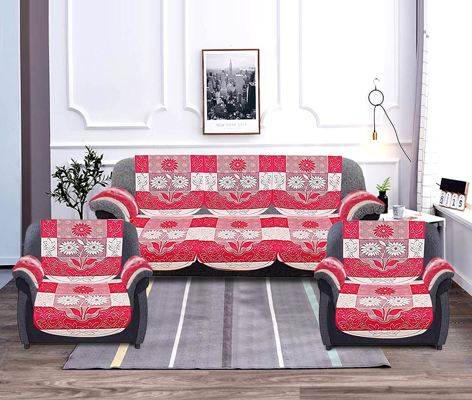 Kuber Industries Flower Design Cotton 5 Seater Sofa Cover With 6 Pieces Arms cover Use Both Side, Living Room, Drawing Room, Bedroom, Guest Room (Set Of16, Pink)-KUBMRT11965