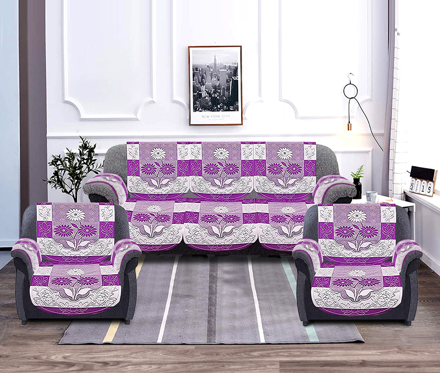 Kuber Industries Flower Design Cotton 5 Seater Sofa Cover With 6 Pieces Arms cover Use Both Side, Living Room, Drawing Room, Bedroom, Guest Room (Set Of16, Purple)-KUBMRT11967