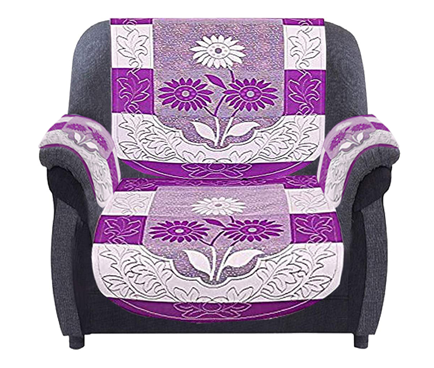 Kuber Industries Flower Design Cotton 5 Seater Sofa Cover With 6 Pieces Arms cover Use Both Side, Living Room, Drawing Room, Bedroom, Guest Room (Set Of16, Purple)-KUBMRT11967