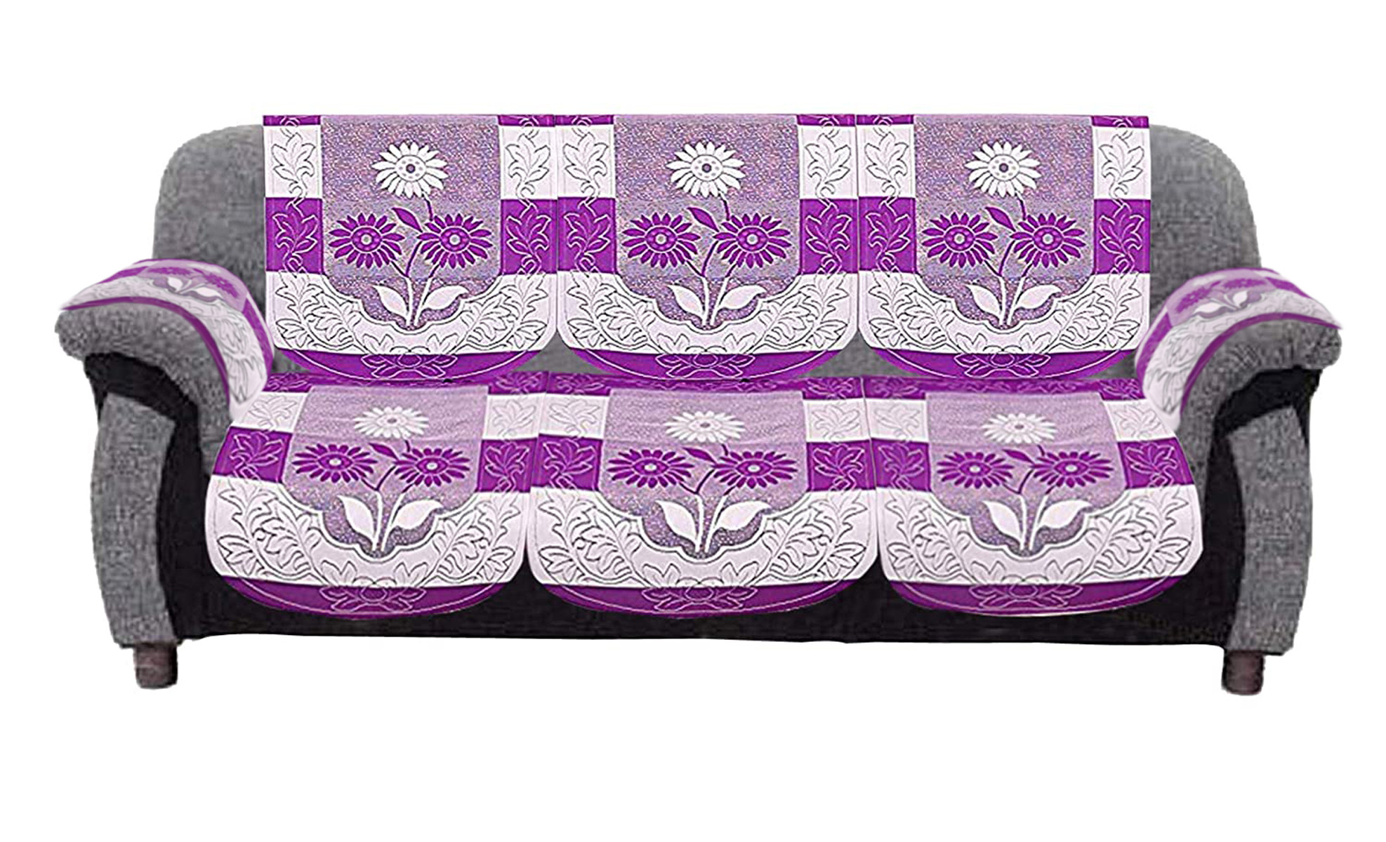 Kuber Industries Flower Design Cotton 5 Seater Sofa Cover With 6 Pieces Arms cover Use Both Side, Living Room, Drawing Room, Bedroom, Guest Room (Set Of16, Purple)-KUBMRT11967