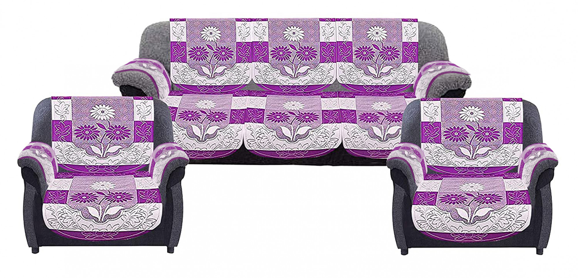 Kuber Industries Flower Design Cotton 5 Seater Sofa Cover With 6 Pieces Arms cover Use Both Side, Living Room, Drawing Room, Bedroom, Guest Room (Set Of16, Purple)-KUBMRT11967