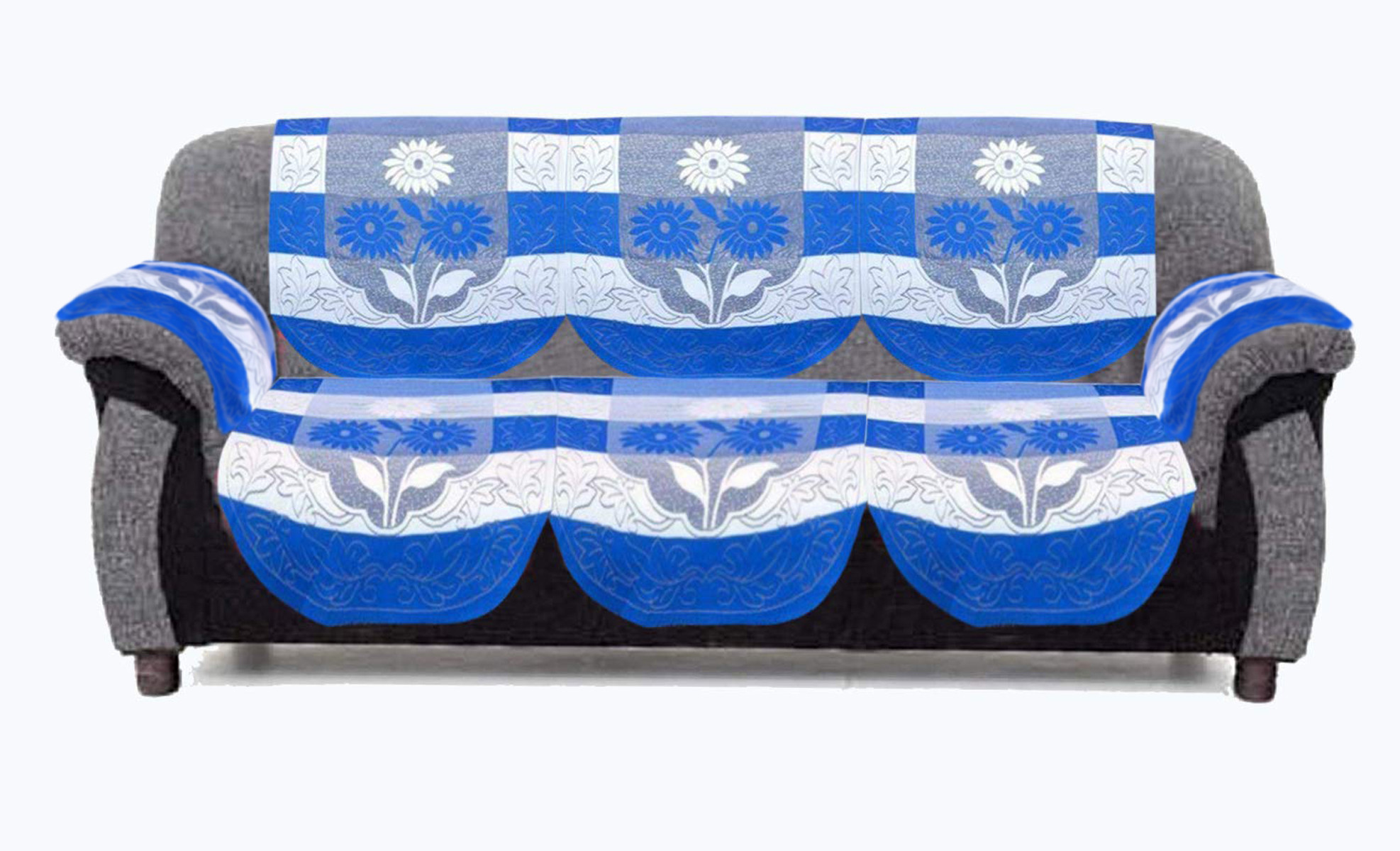 Kuber Industries Flower Design Cotton 5 Seater Sofa Cover With 6 Pieces Arms cover Use Both Side, Living Room, Drawing Room, Bedroom, Guest Room (Set Of16, Blue)-KUBMRT11969