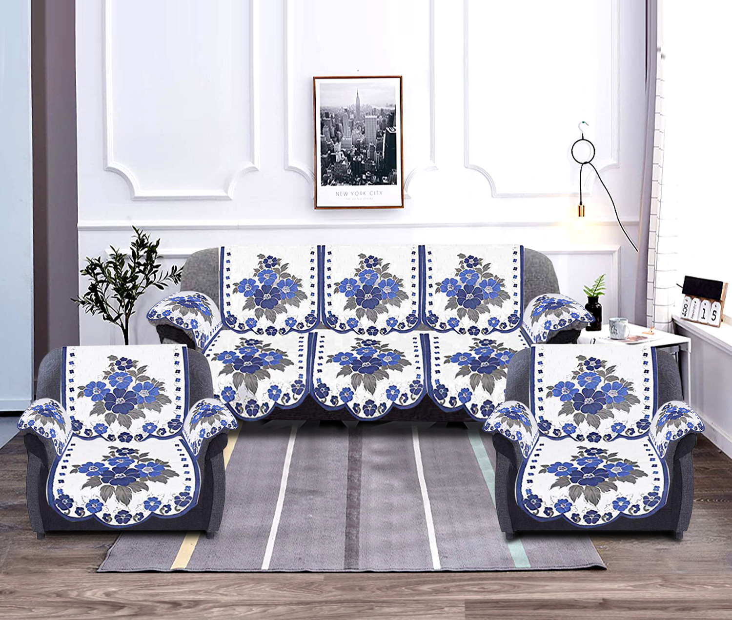 Kuber Industries Flower Design Cotton 5 Seater Sofa Cover With 6 Pieces Arms cover Use Both Side, Living Room, Drawing Room, Bedroom, Guest Room (Set Of16, White & Blue)-KUBMRT11971