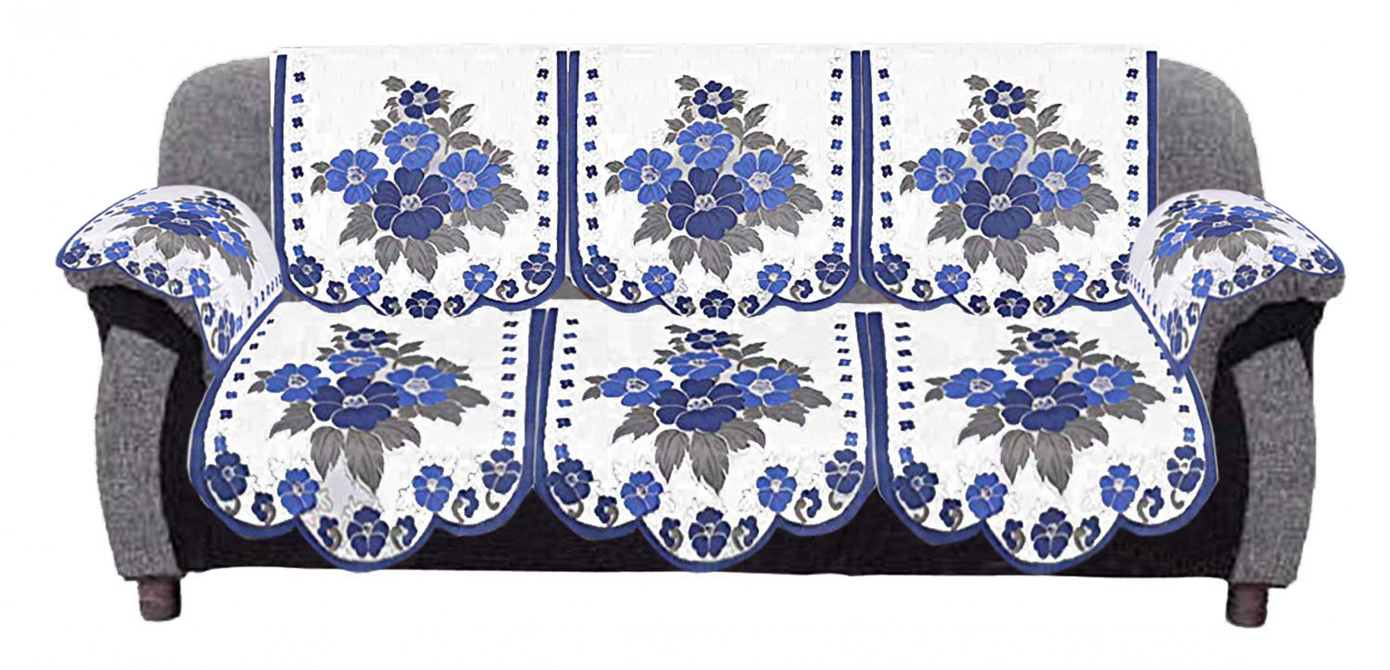 Kuber Industries Flower Design Cotton 5 Seater Sofa Cover With 6 Pieces Arms cover Use Both Side, Living Room, Drawing Room, Bedroom, Guest Room (Set Of16, White & Blue)-KUBMRT11971