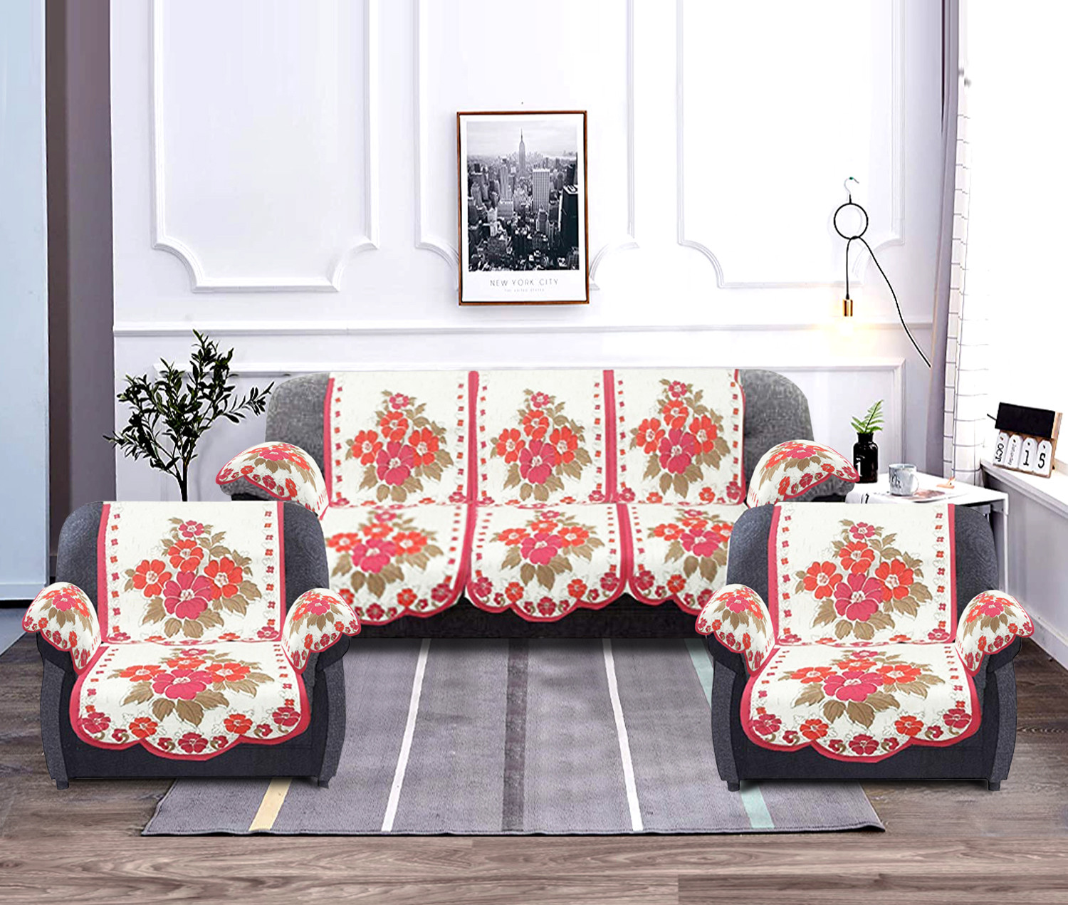 Kuber Industries Flower Design Cotton 5 Seater Sofa Cover With 6 Pieces Arms cover Use Both Side, Living Room, Drawing Room, Bedroom, Guest Room (Set Of16, White & Pink)-KUBMRT11973