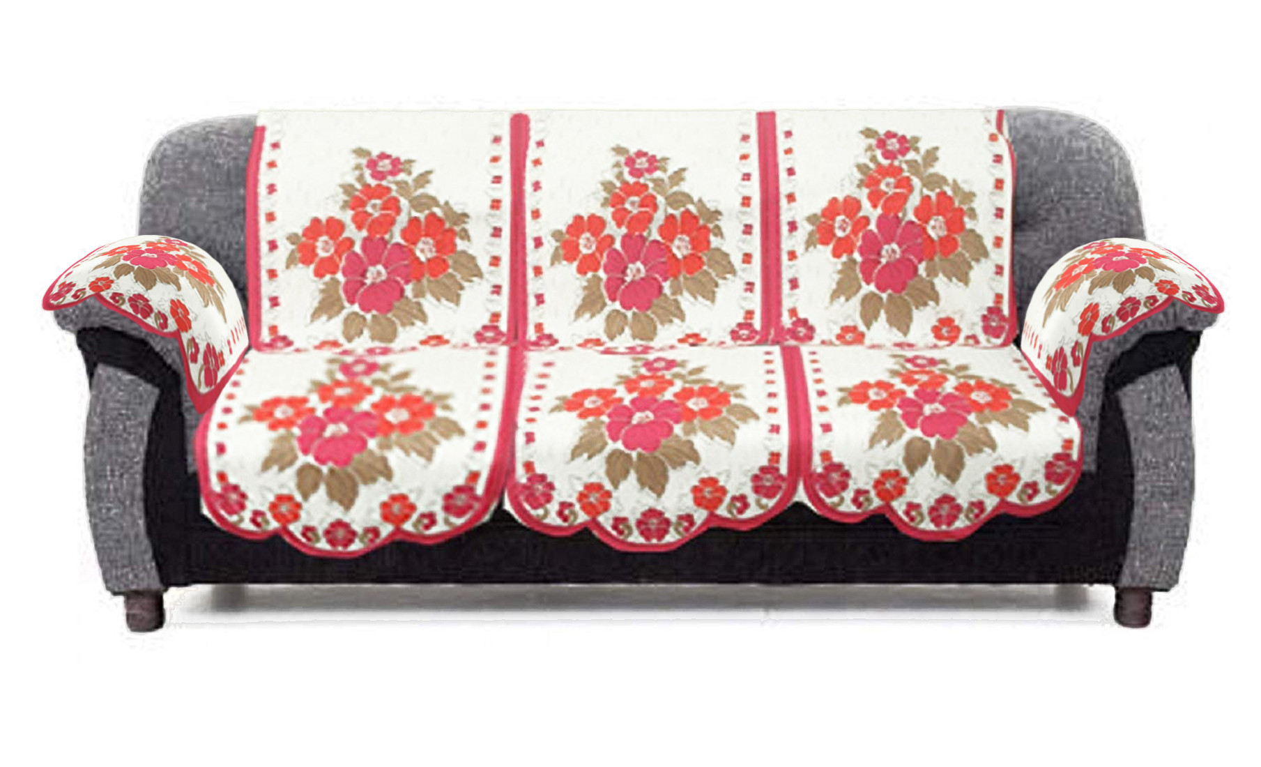 Kuber Industries Flower Design Cotton 5 Seater Sofa Cover With 6 Pieces Arms cover Use Both Side, Living Room, Drawing Room, Bedroom, Guest Room (Set Of16, White & Pink)-KUBMRT11973