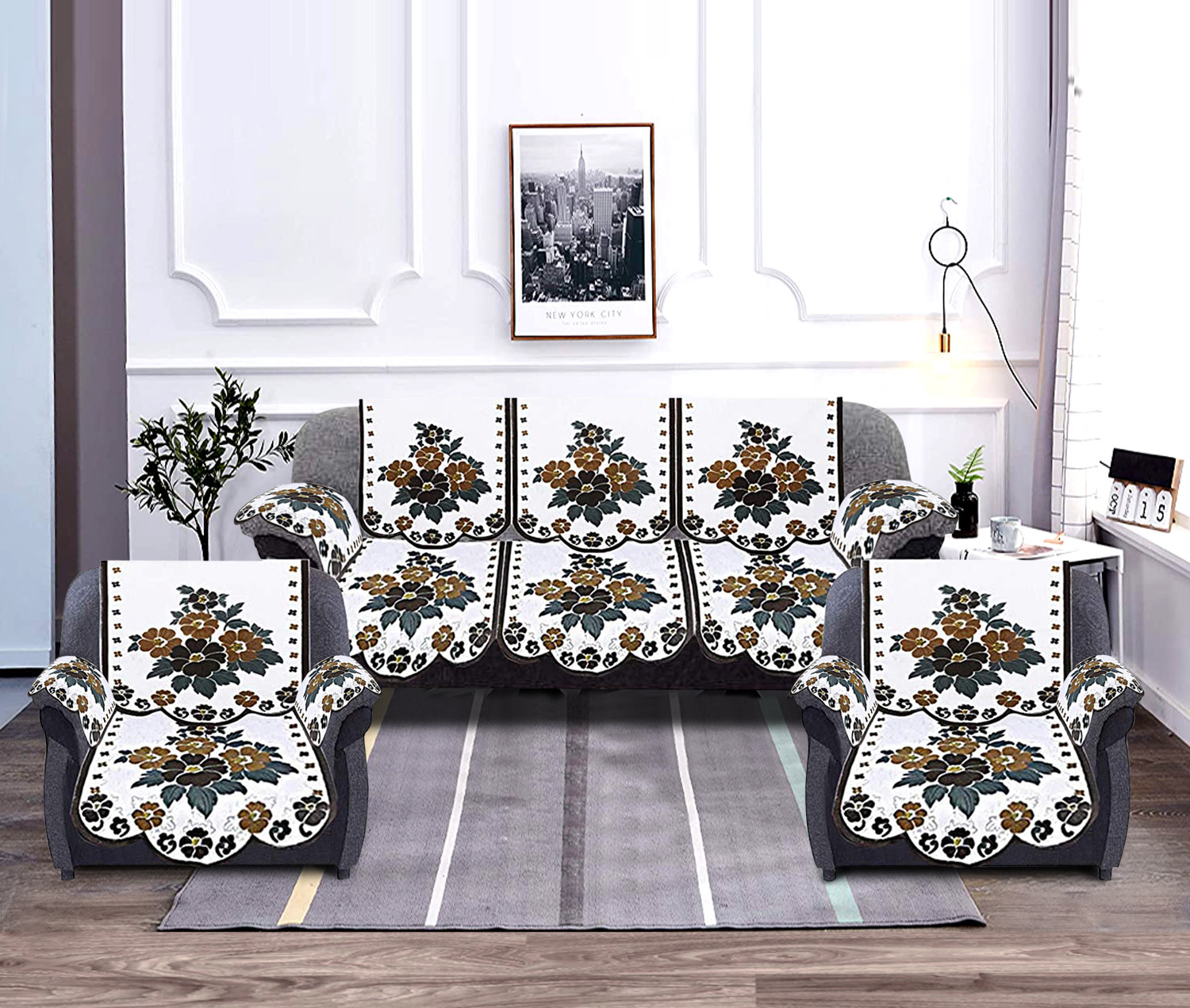 Kuber Industries Flower Design Cotton 5 Seater Sofa Cover With 6 Pieces Arms cover Use Both Side, Living Room, Drawing Room, Bedroom, Guest Room (Set Of16, White & Brown)-KUBMRT11975