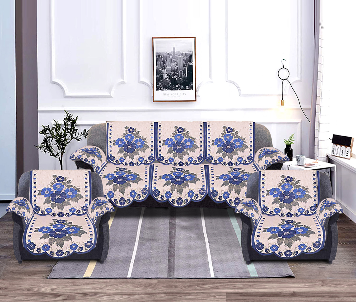 Kuber Industries Flower Design Cotton 5 Seater Sofa Cover With 6 Pieces Arms cover Use Both Side, Living Room, Drawing Room, Bedroom, Guest Room (Set Of16, Cream & Blue)-KUBMRT11977