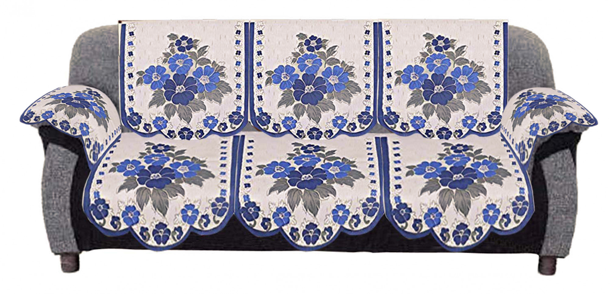 Kuber Industries Flower Design Cotton 5 Seater Sofa Cover With 6 Pieces Arms cover Use Both Side, Living Room, Drawing Room, Bedroom, Guest Room (Set Of16, Cream & Blue)-KUBMRT11977