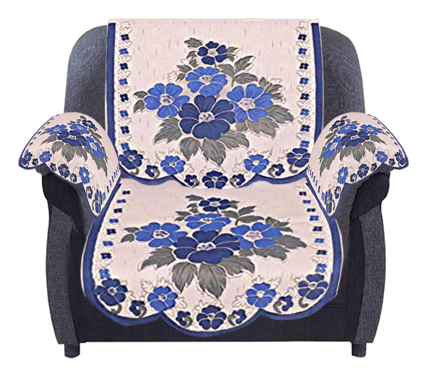 Kuber Industries Flower Design Cotton 5 Seater Sofa Cover With 6 Pieces Arms cover Use Both Side, Living Room, Drawing Room, Bedroom, Guest Room (Set Of16, Cream & Blue)-KUBMRT11977