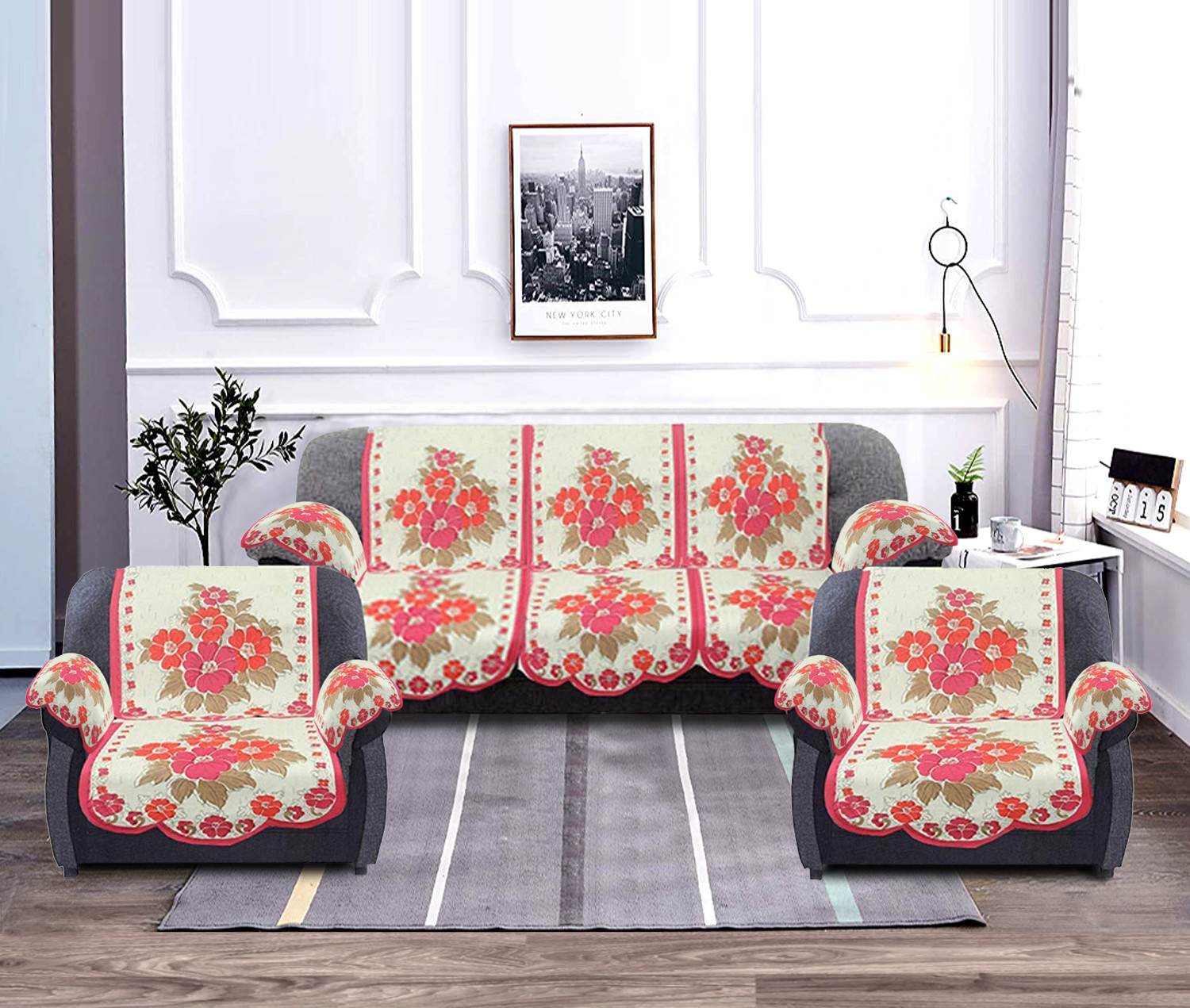 Kuber Industries Flower Design Cotton 5 Seater Sofa Cover With 6 Pieces Arms cover Use Both Side, Living Room, Drawing Room, Bedroom, Guest Room (Set Of16, Cream & Pink)-KUBMRT11979