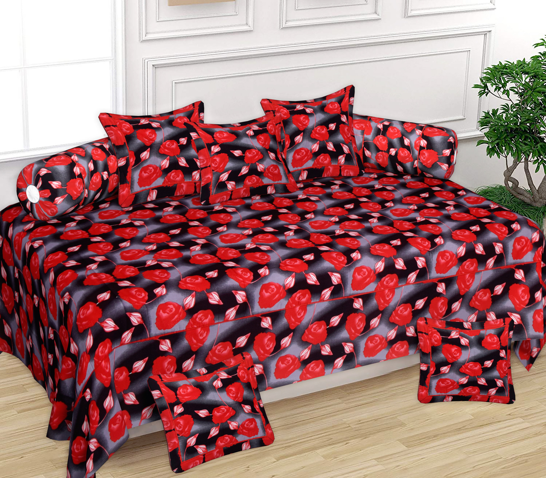 Kuber Industries Flower Design Cotton Diwan Set With 8 Pieces (Black)-HS_38_KUBMART21139