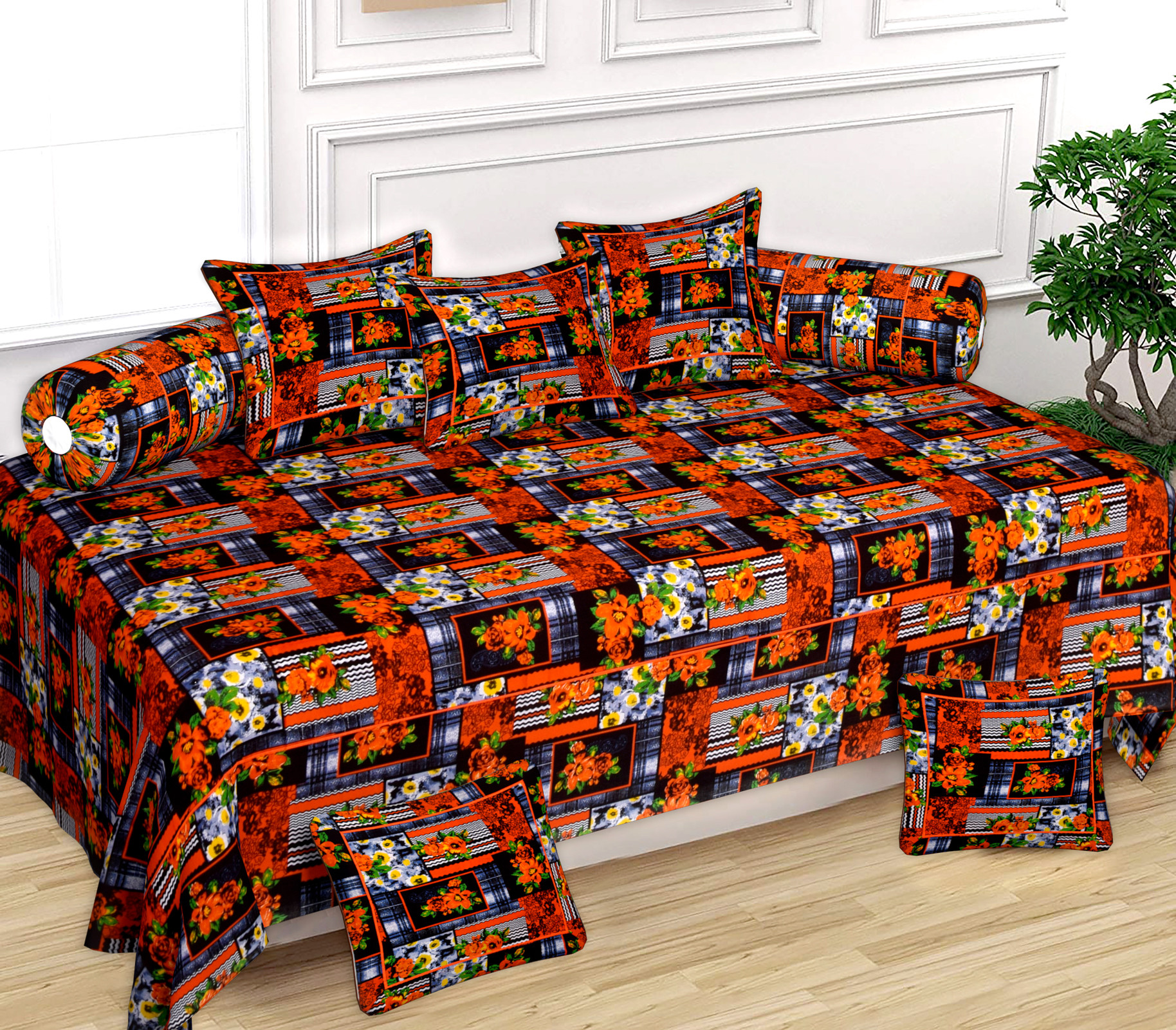 Kuber Industries Flower Design Cotton Diwan Set With 8 Pieces Orange  Black-HS38KUBMART21141