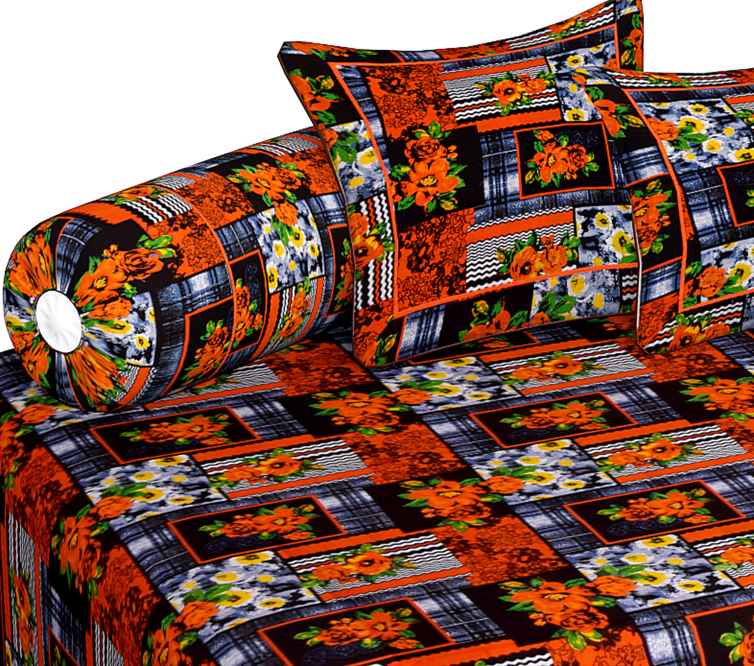Kuber Industries Flower Design Cotton Diwan Set With 8 Pieces Orange  Black-HS38KUBMART21141
