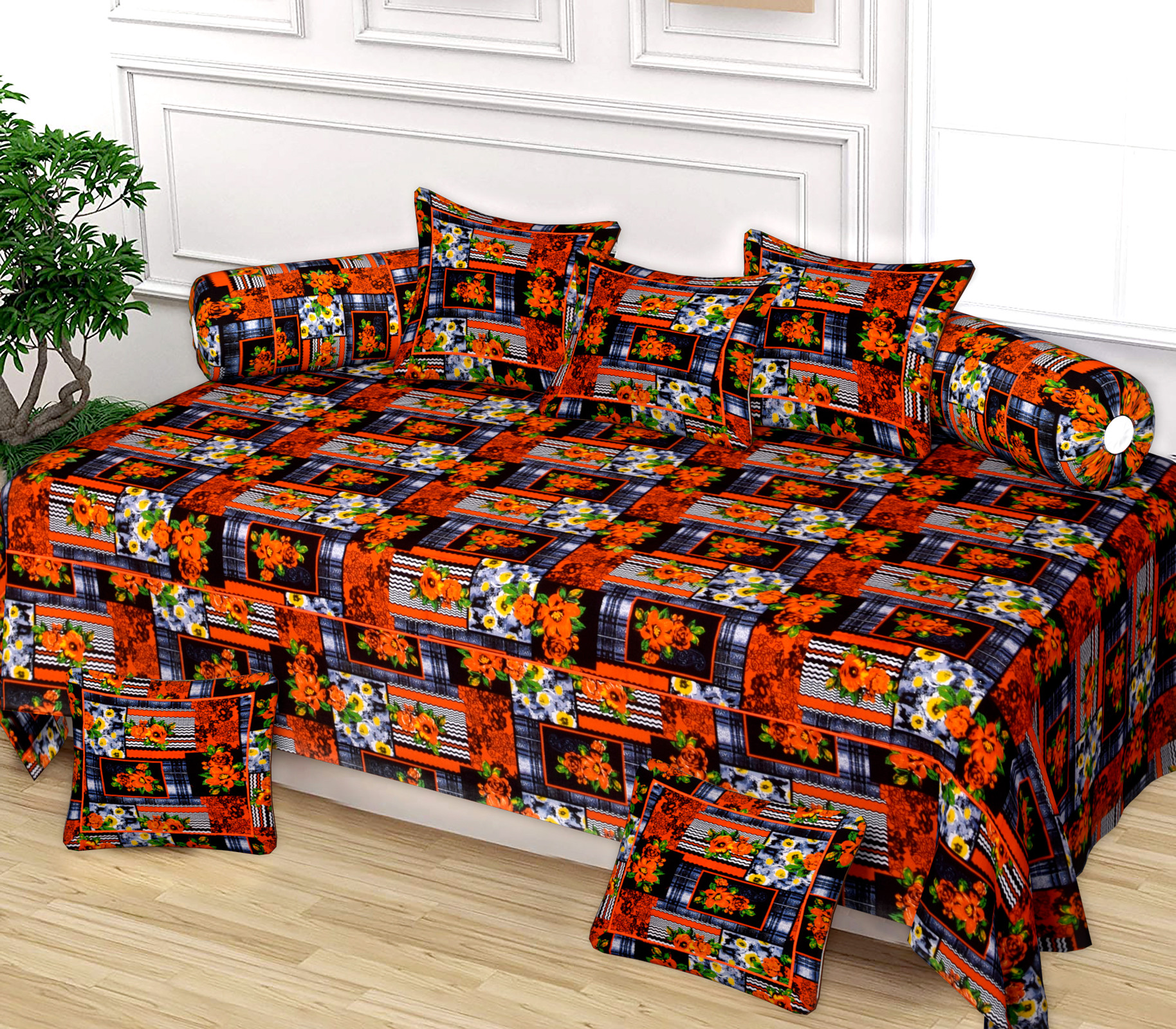 Kuber Industries Flower Design Cotton Diwan Set With 8 Pieces Orange  Black-HS38KUBMART21141