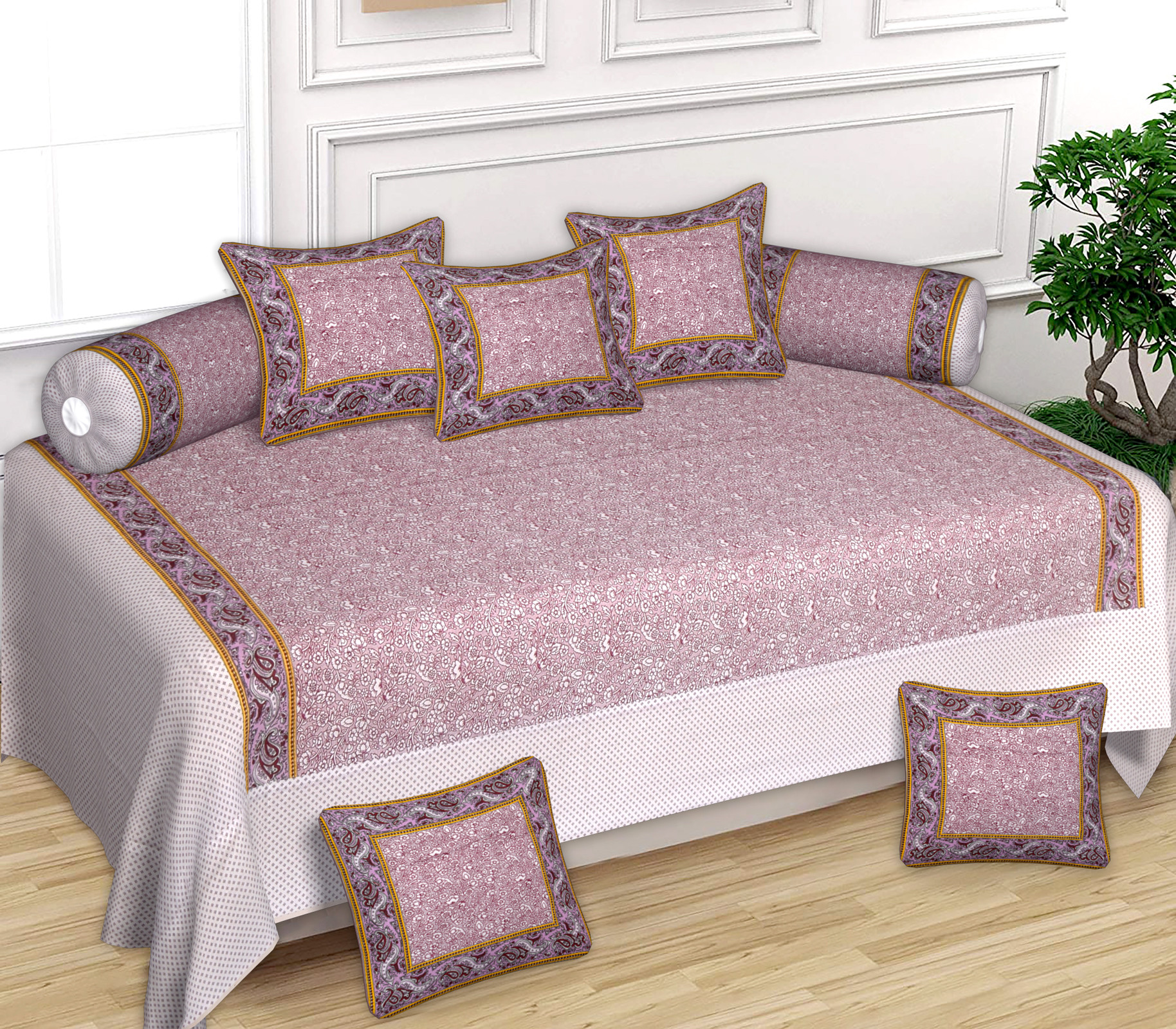 Kuber Industries Flower Design Cotton Diwan Set With 8 Pieces (Pink)-HS_38_KUBMART21137