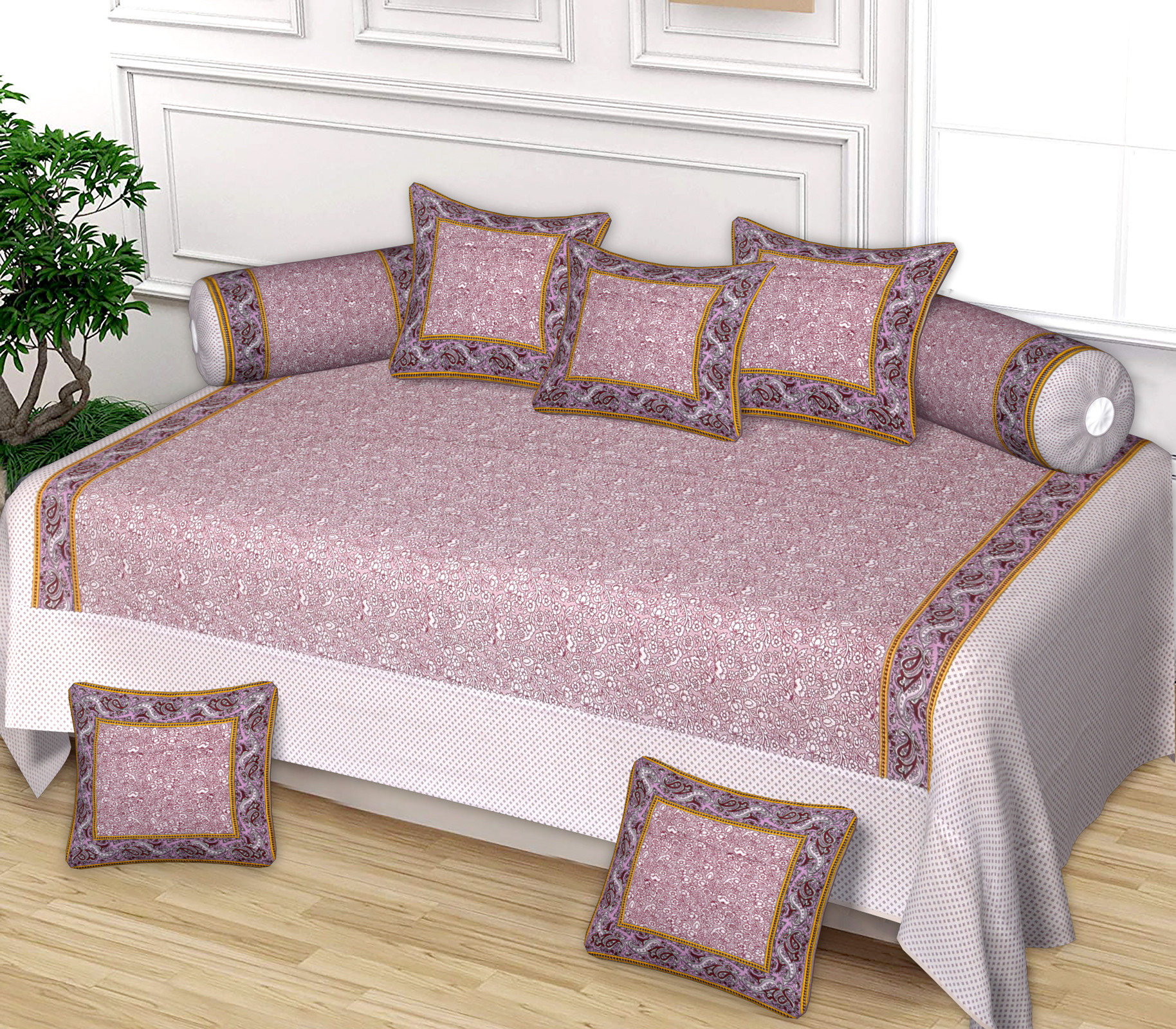 Kuber Industries Flower Design Cotton Diwan Set With 8 Pieces (Pink)-HS_38_KUBMART21137