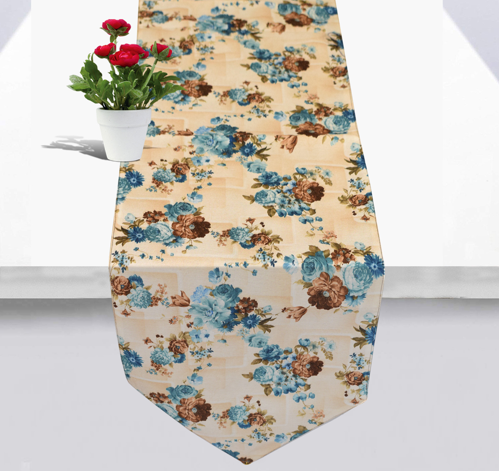 Kuber Industries Flower Design Cotton Table Runner for Family Dinners or Gatherings Indoor or Outdoor Parties  Everyday Use 16x68inch Blue