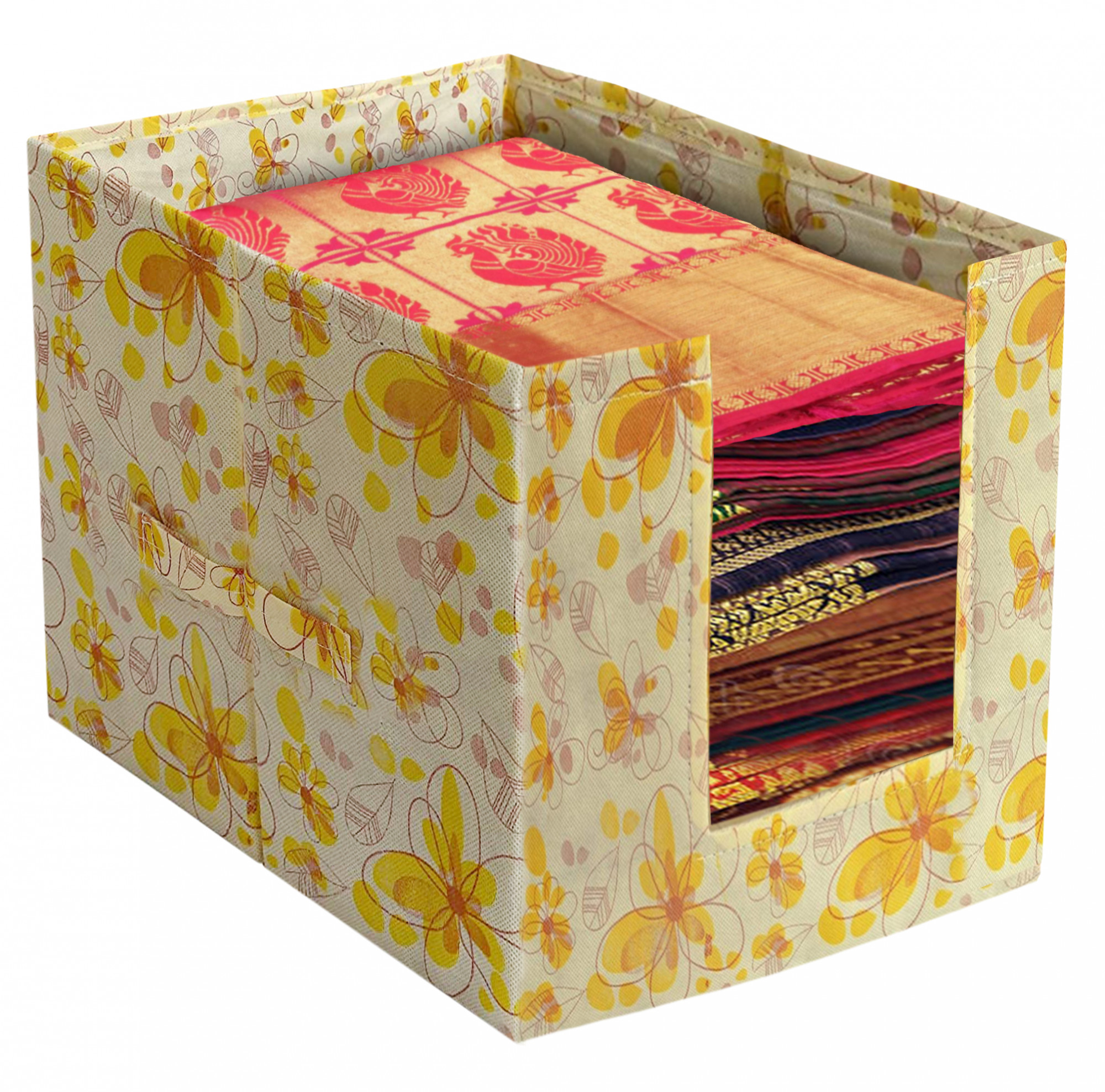 Kuber Industries Flower Design Foldable Rectangle Cloth Saree Stacker Cloth Wardrobe Organizer (Yellow)