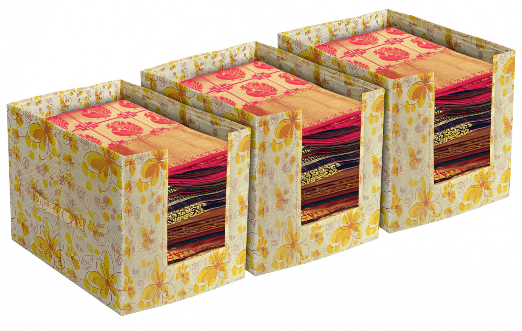 Kuber Industries Flower Design Foldable Rectangle Cloth Saree Stacker Cloth Wardrobe Organizer (Yellow)