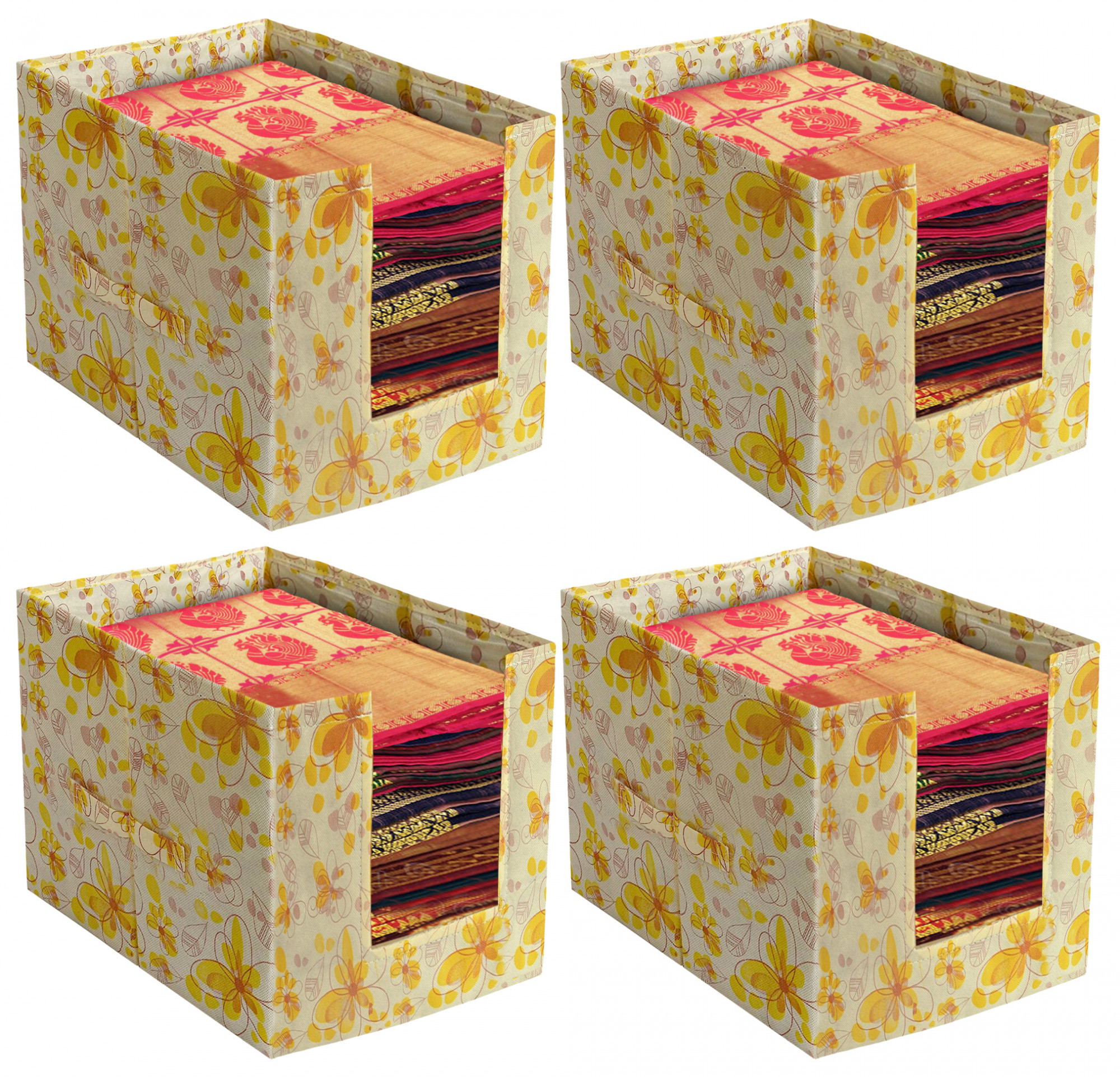 Kuber Industries Flower Design Foldable Rectangle Cloth Saree Stacker Cloth Wardrobe Organizer (Yellow)