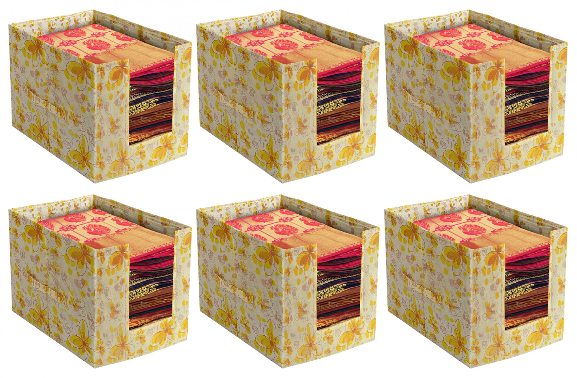 Kuber Industries Flower Design Foldable Rectangle Cloth Saree Stacker Cloth Wardrobe Organizer (Yellow)