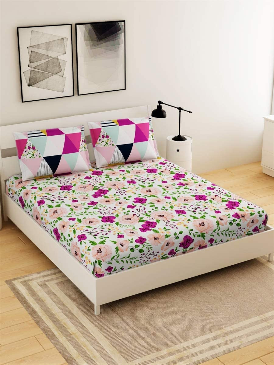 Kuber Industries Flower Design Glace Cotton Double Bedsheet with 2 Pillow Covers (White)