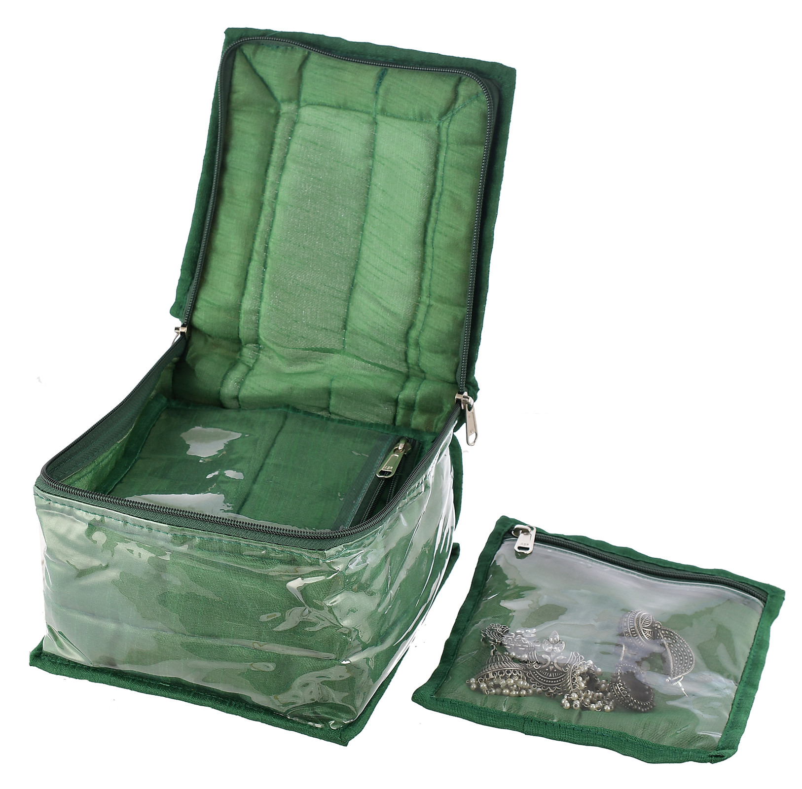 Kuber Industries Flower Design Laminated PVC Multipurpose Jewellery Organizer With 10 Tranasparent Pouches (Green)-HS43KUBMART25841