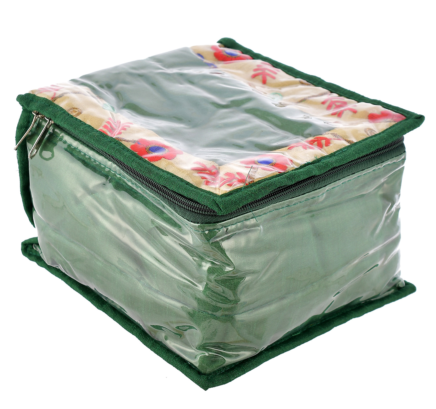 Kuber Industries Flower Design Laminated PVC Multipurpose Jewellery Organizer With 10 Tranasparent Pouches (Green)-HS43KUBMART25841