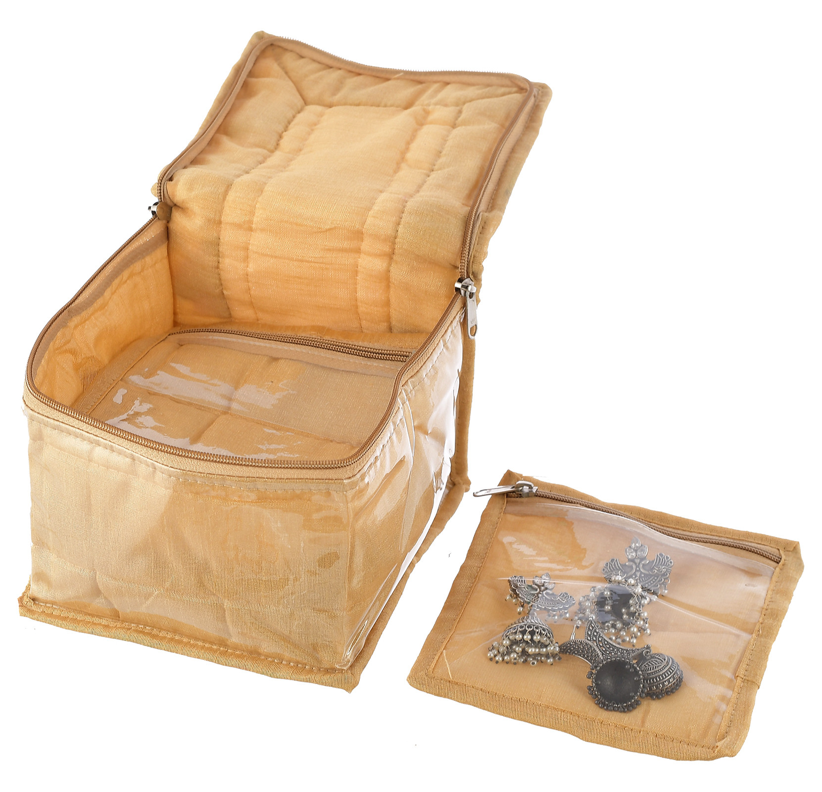 Kuber Industries Flower Design Laminated PVC Multipurpose Jewellery Organizer With 10 Tranasparent Pouches (Gold)-HS43KUBMART25845