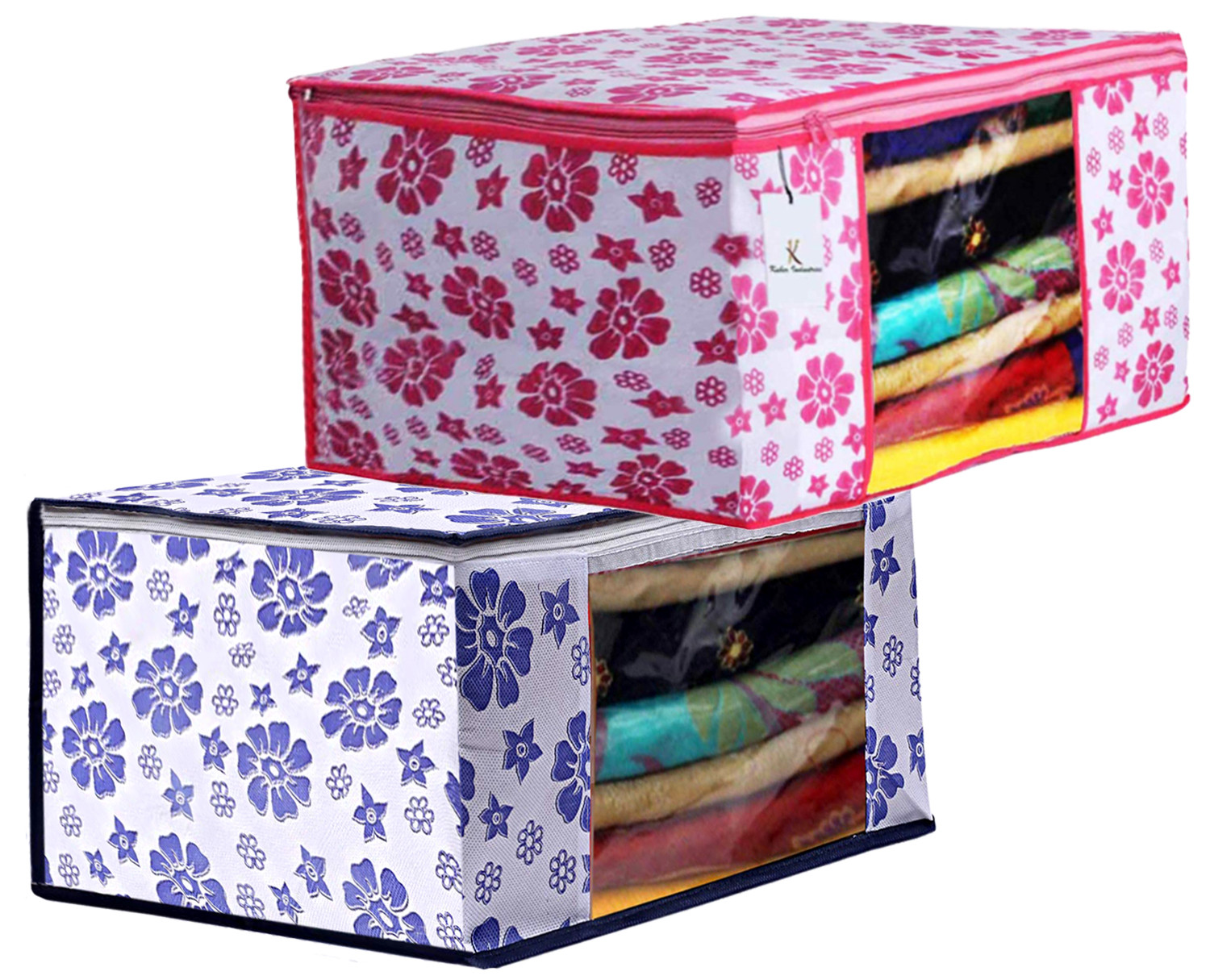 Kuber Industries Flower Design Non Woven Fabric Saree Cover Set with Transparent Window, Extra Large, Pink & Blue -CTKTC40763