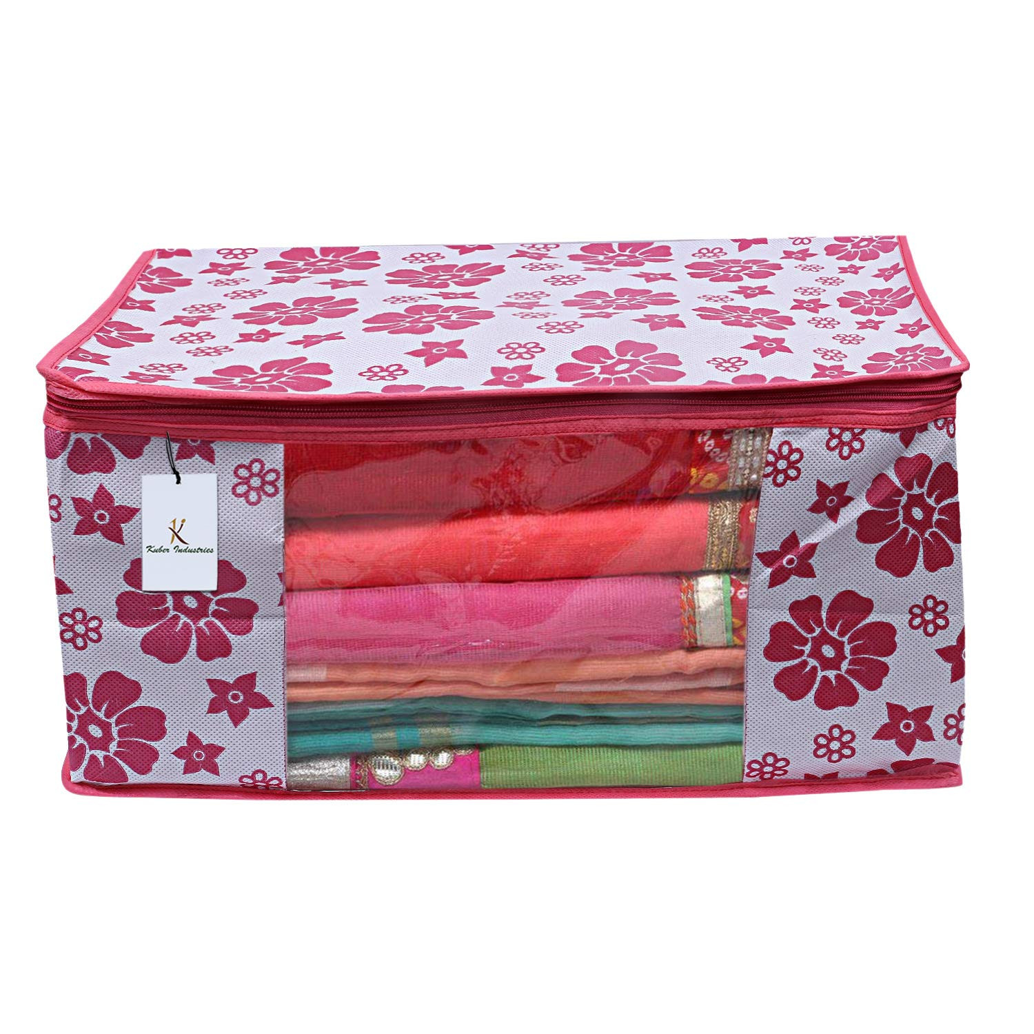 Kuber Industries Flower Design Non Woven Fabric Saree Cover Set with Transparent Window, Extra Large, Pink & Blue -CTKTC40763