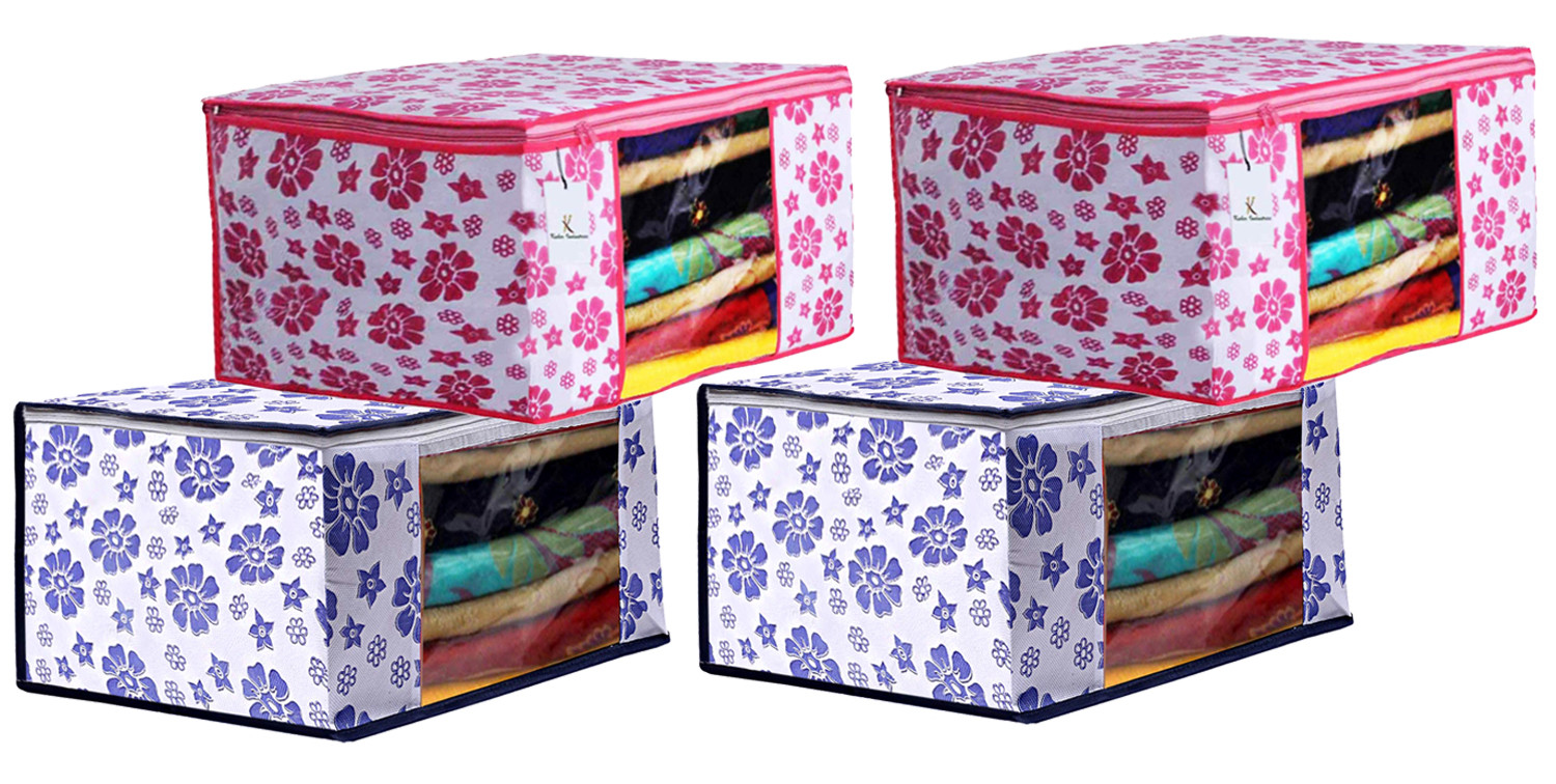 Kuber Industries Flower Design Non Woven Fabric Saree Cover Set with Transparent Window, Extra Large, Pink & Blue -CTKTC40763