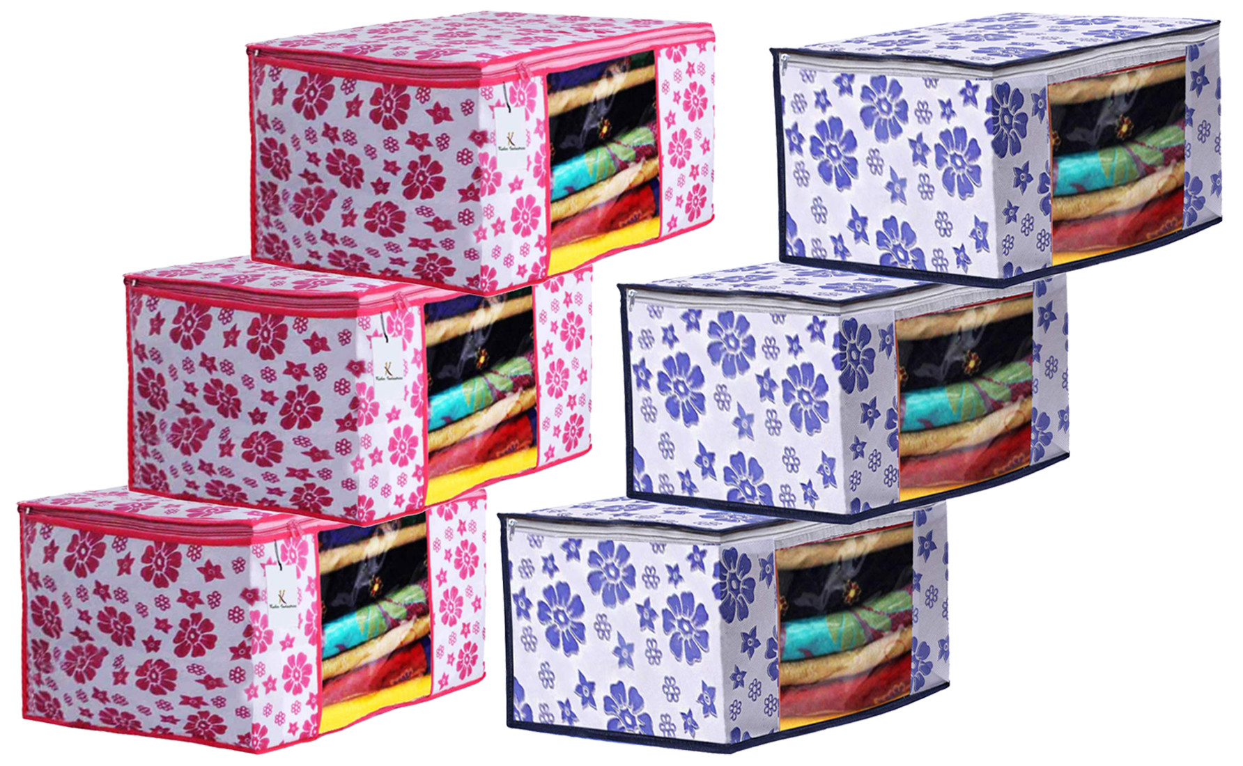 Kuber Industries Flower Design Non Woven Fabric Saree Cover Set with Transparent Window, Extra Large, Pink & Blue -CTKTC40763