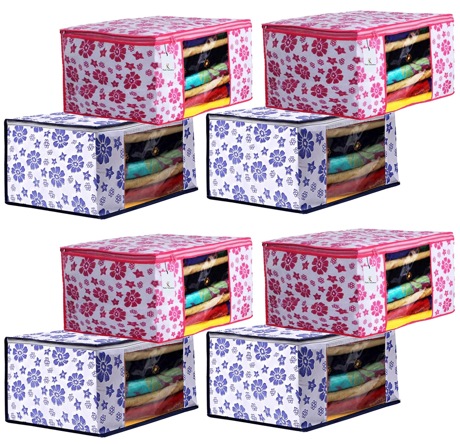 Kuber Industries Flower Design Non Woven Fabric Saree Cover Set with Transparent Window, Extra Large, Pink & Blue -CTKTC40763