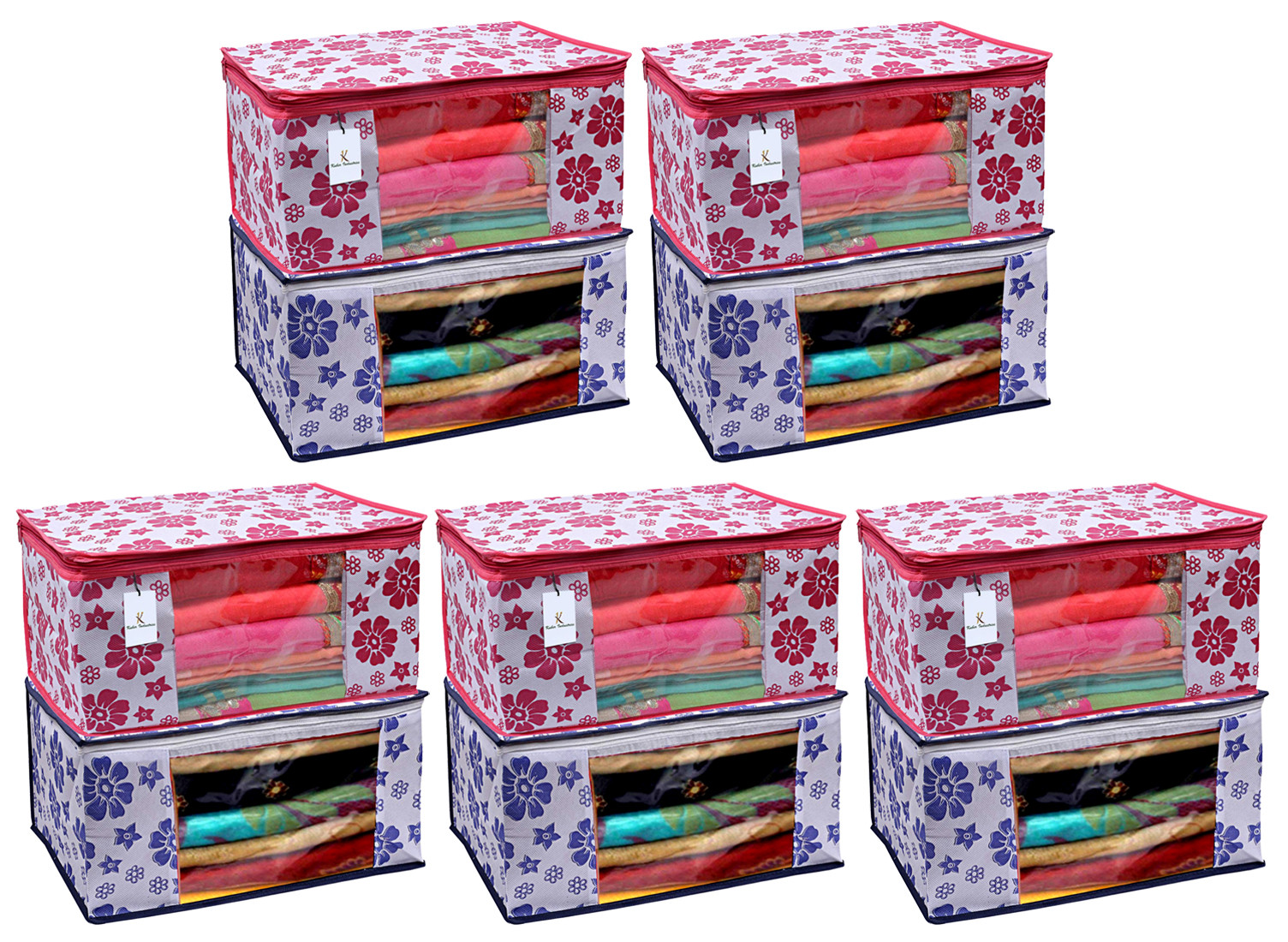 Kuber Industries Flower Design Non Woven Fabric Saree Cover Set with Transparent Window, Extra Large, Pink & Blue -CTKTC40763