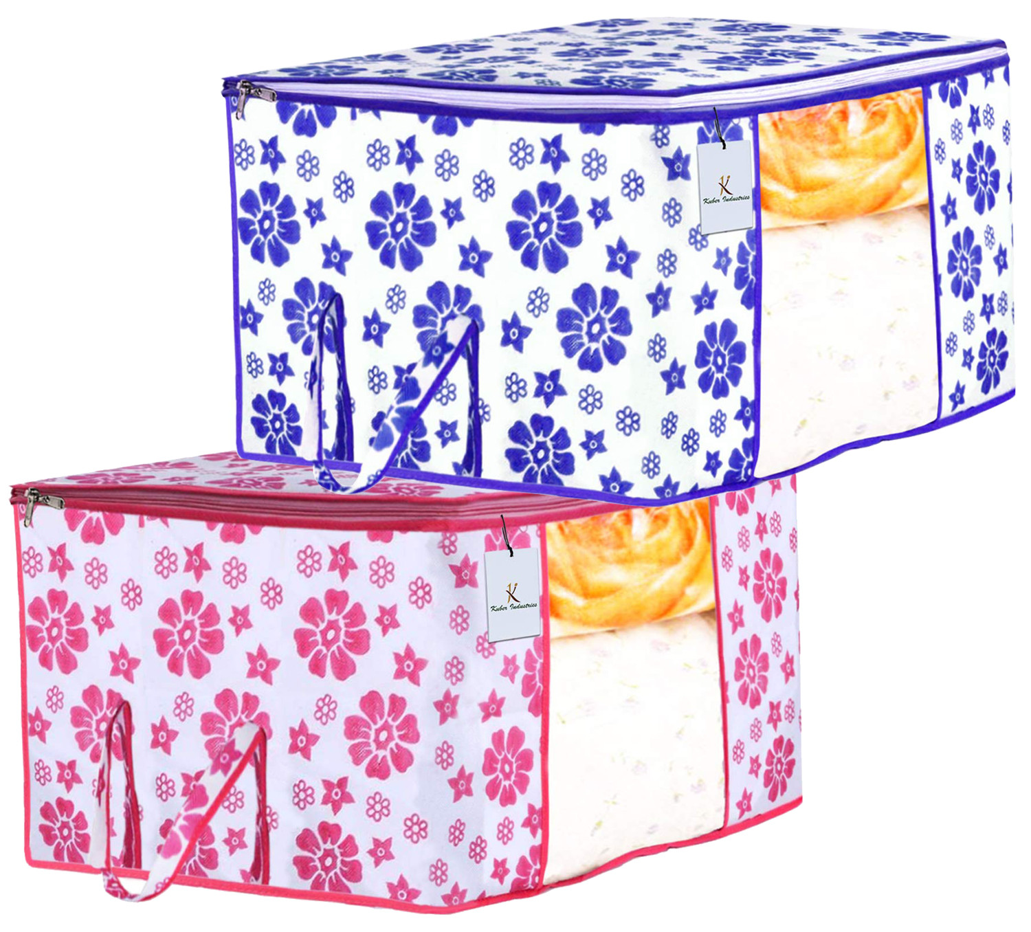 Kuber Industries Flower Design Non Woven Fabric Underbed Storage Bag,Cloth Organiser,Blanket Cover with Transparent Window, Pink & Blue -CTKTC41041