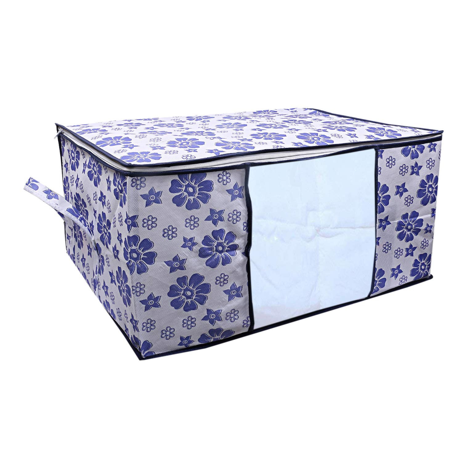 Kuber Industries Flower Design Non Woven Fabric Underbed Storage Bag,Cloth Organiser,Blanket Cover with Transparent Window, Pink & Blue -CTKTC41041