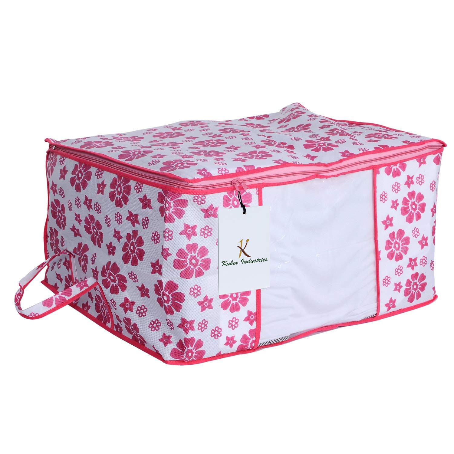 Kuber Industries Flower Design Non Woven Fabric Underbed Storage Bag,Cloth Organiser,Blanket Cover with Transparent Window, Pink & Blue -CTKTC41041