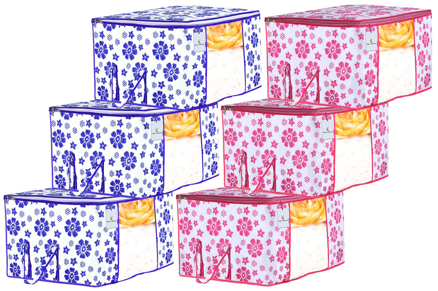 Kuber Industries Flower Design Non Woven Fabric Underbed Storage Bag,Cloth Organiser,Blanket Cover with Transparent Window, Pink & Blue -CTKTC41041