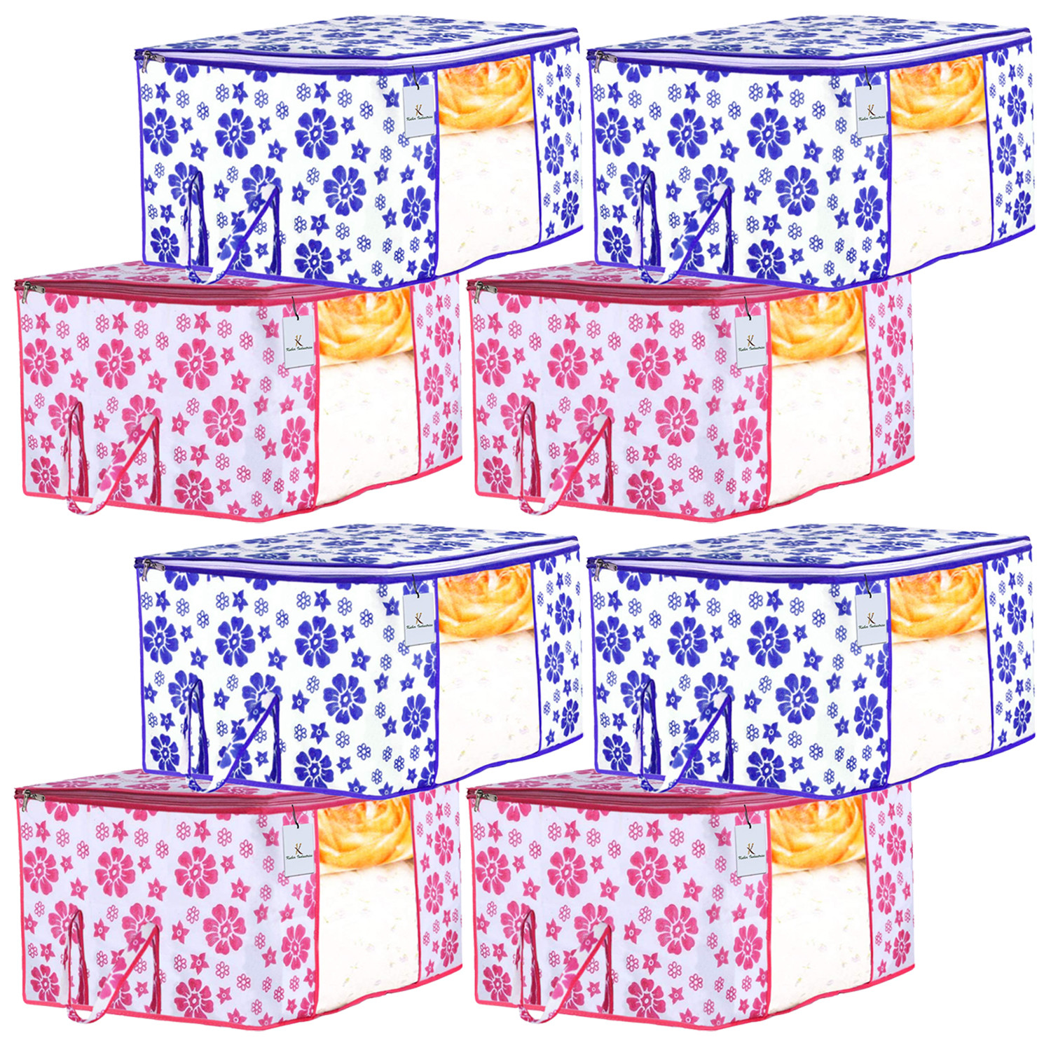 Kuber Industries Flower Design Non Woven Fabric Underbed Storage Bag,Cloth Organiser,Blanket Cover with Transparent Window, Pink & Blue -CTKTC41041