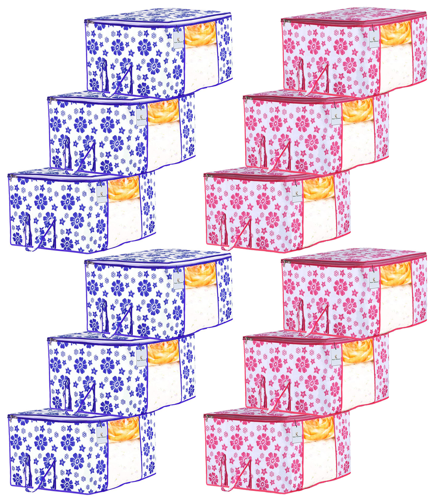 Kuber Industries Flower Design Non Woven Fabric Underbed Storage Bag,Cloth Organiser,Blanket Cover with Transparent Window, Pink & Blue -CTKTC41041