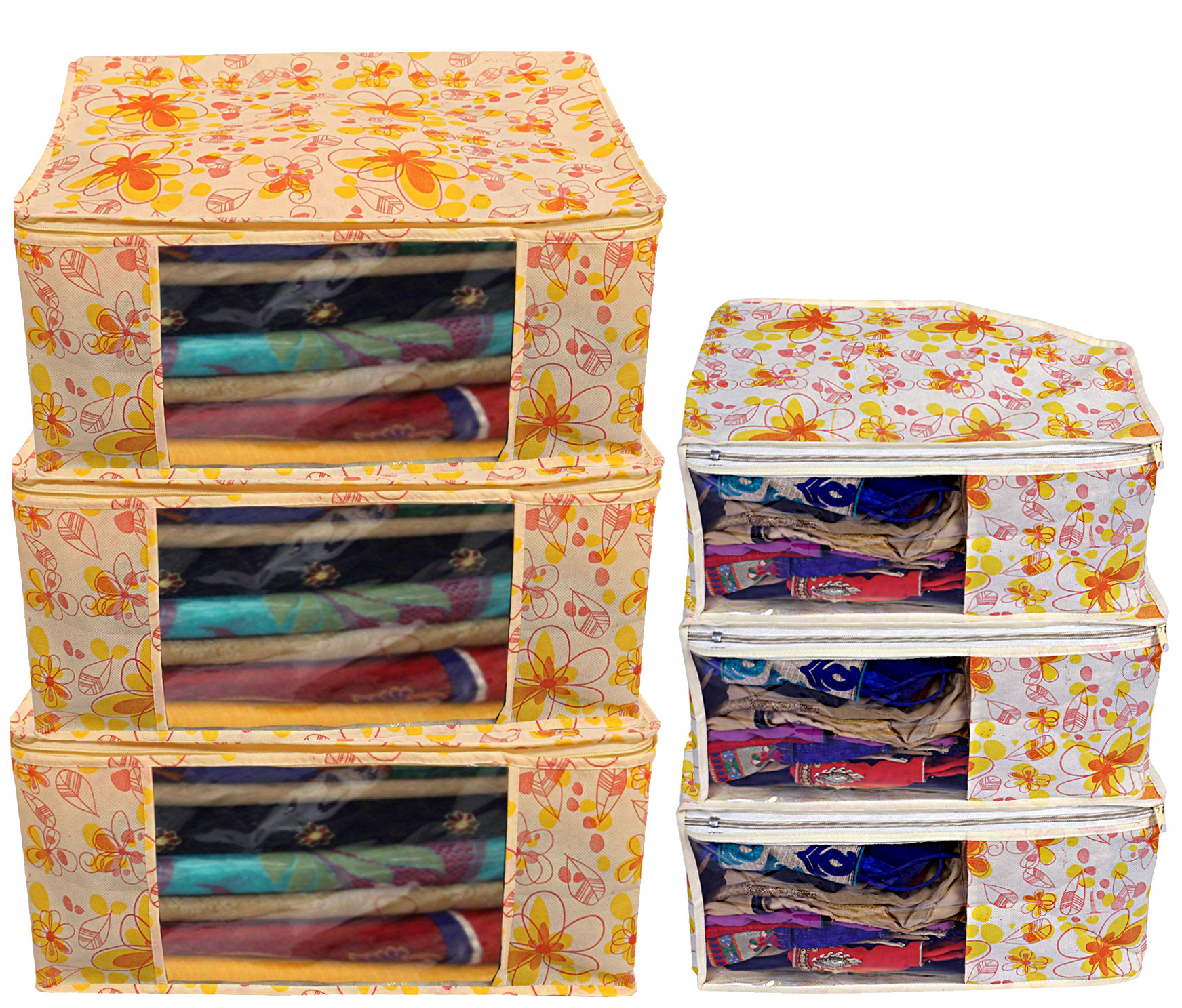 Kuber Industries Flower Design Non Woven Saree Cover/Cloth Wardrobe Organizer And Blouse Cover Combo Set (Ivory & Red) -CTKTC38433