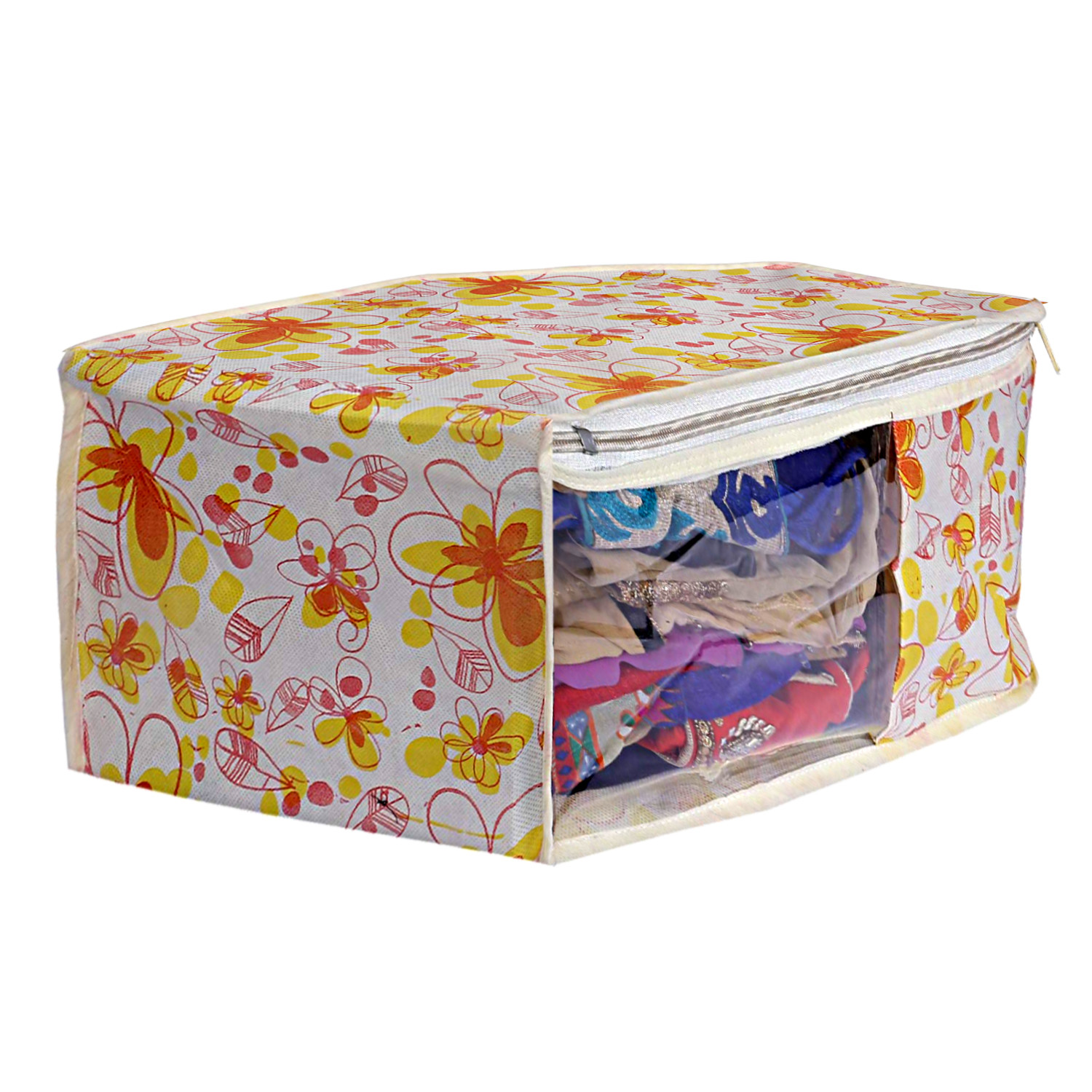 Kuber Industries Flower Design Non Woven Saree Cover/Cloth Wardrobe Organizer And Blouse Cover Combo Set (Ivory & Red) -CTKTC38433