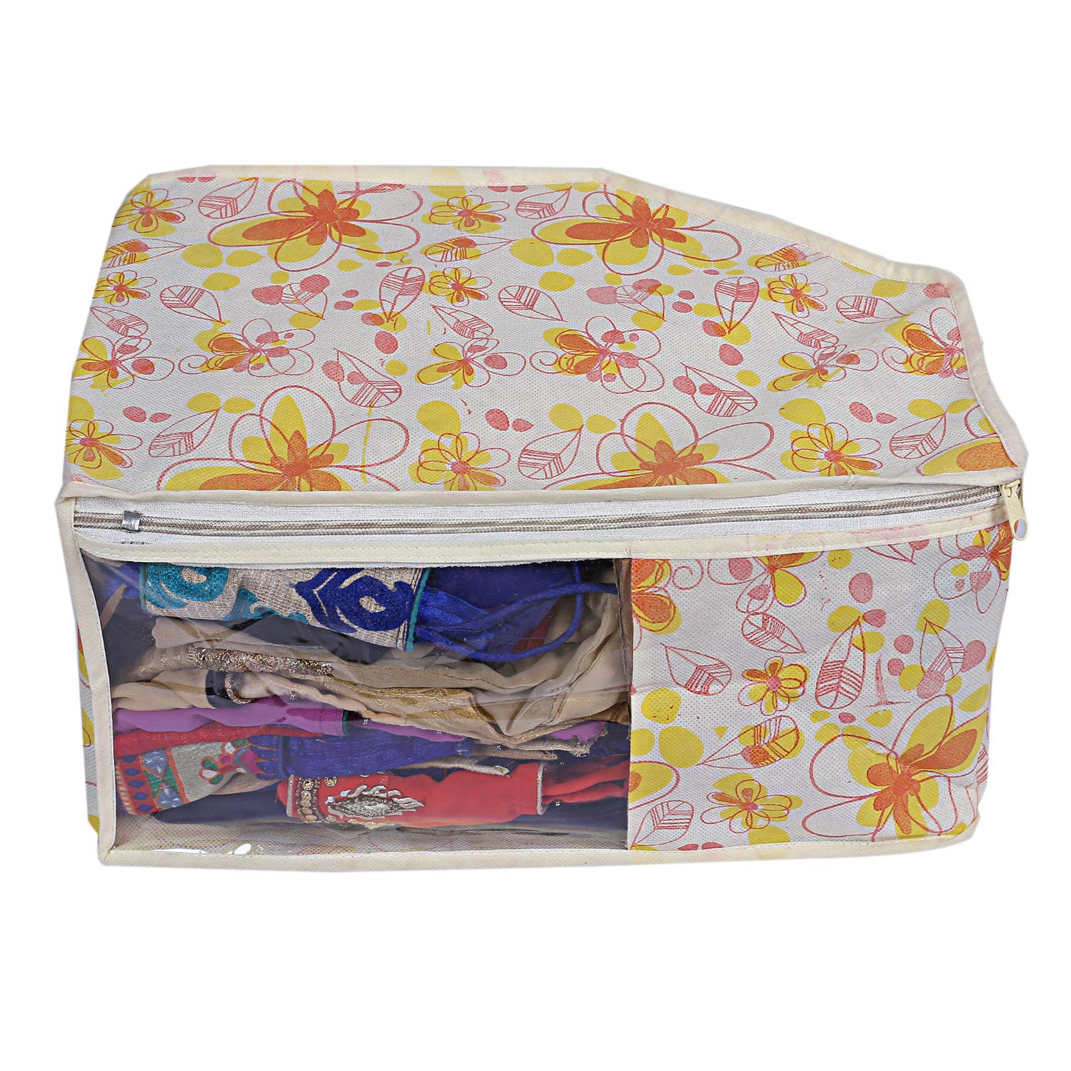Kuber Industries Flower Design Non Woven Saree Cover/Cloth Wardrobe Organizer And Blouse Cover Combo Set (Ivory & Red) -CTKTC38433