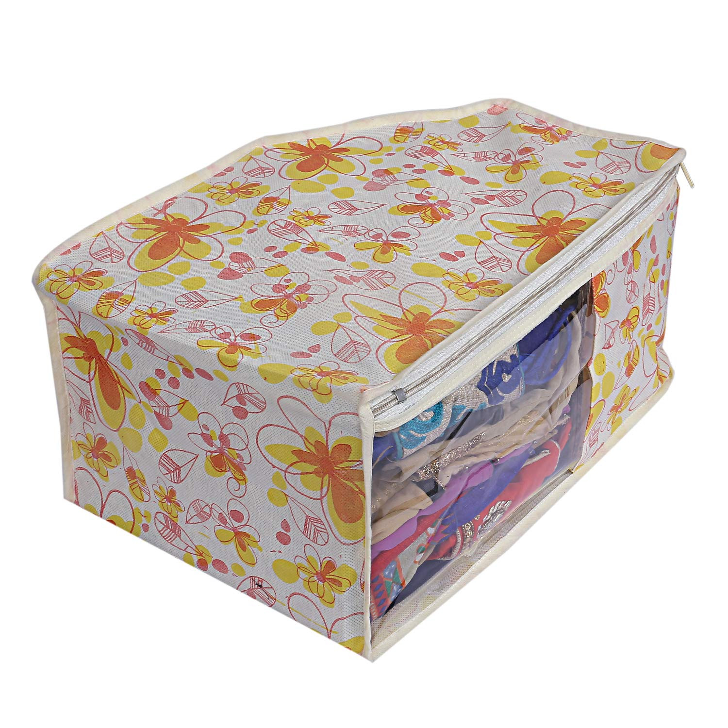Kuber Industries Flower Design Non Woven Saree Cover/Cloth Wardrobe Organizer And Blouse Cover Combo Set (Ivory & Red) -CTKTC38433